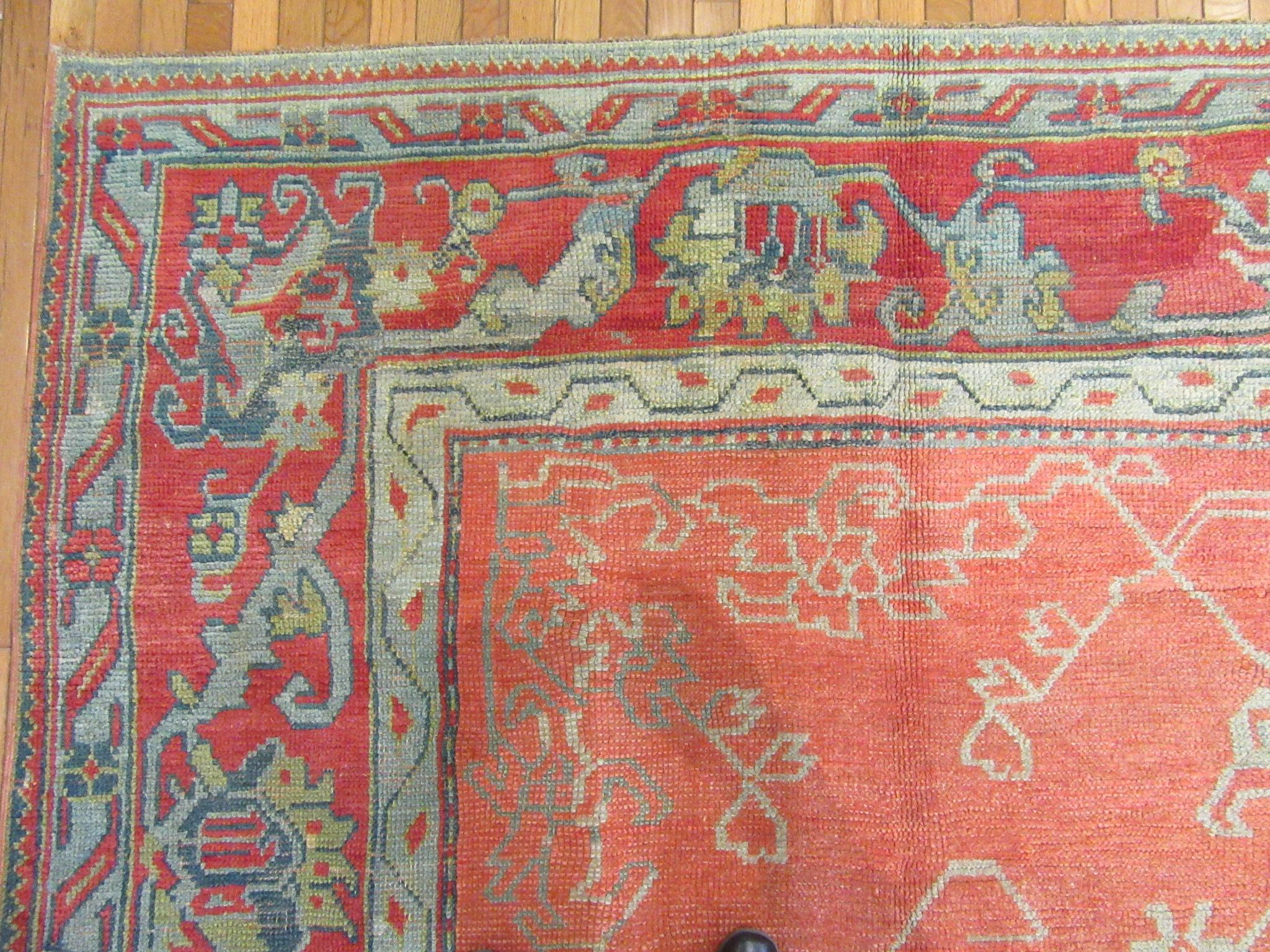 Large Antique Hand-Knotted Wool Coral Red Green Turkish Oushak Rug For Sale 8