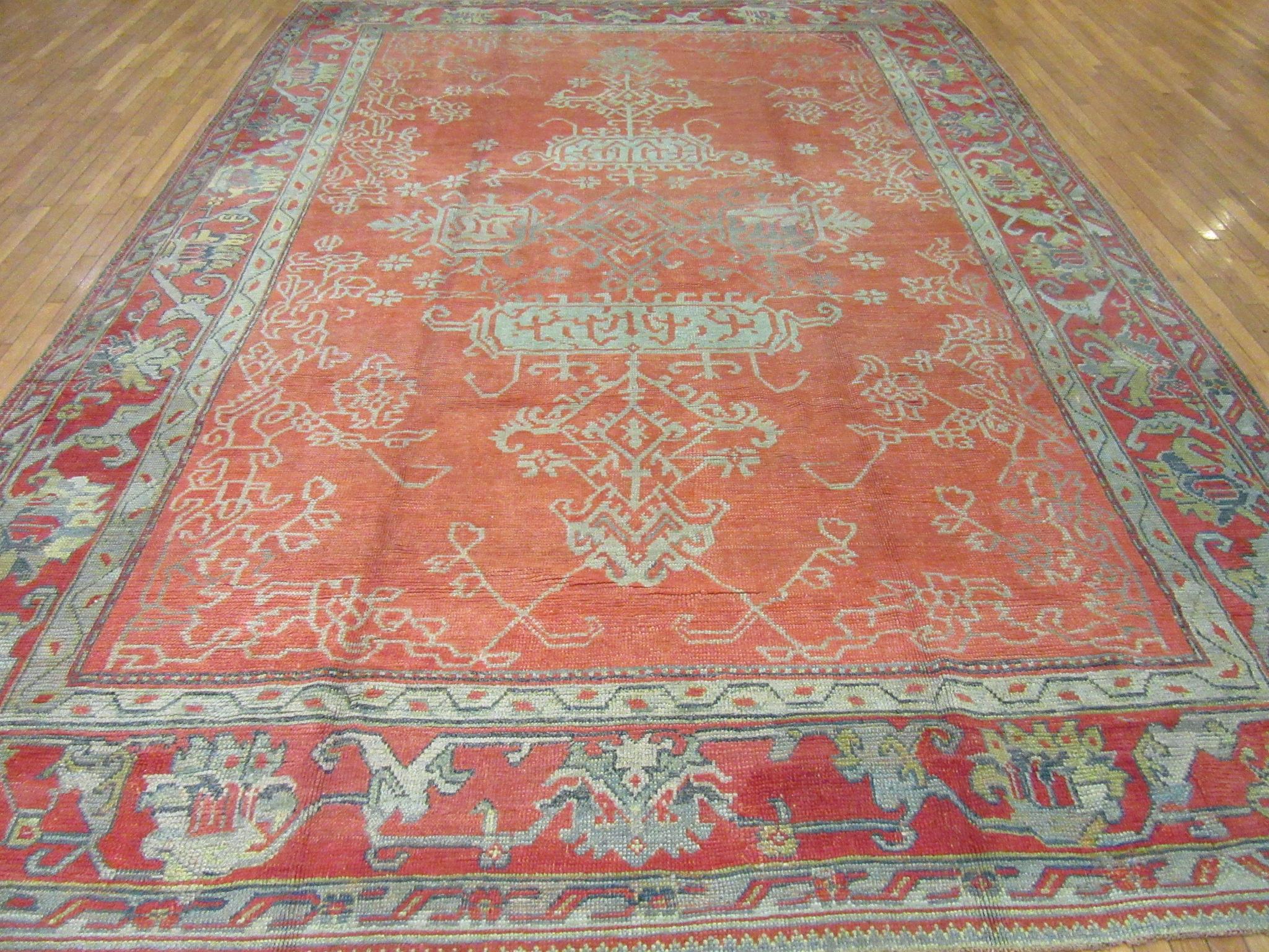 Large Antique Hand-Knotted Wool Coral Red Green Turkish Oushak Rug For Sale 9