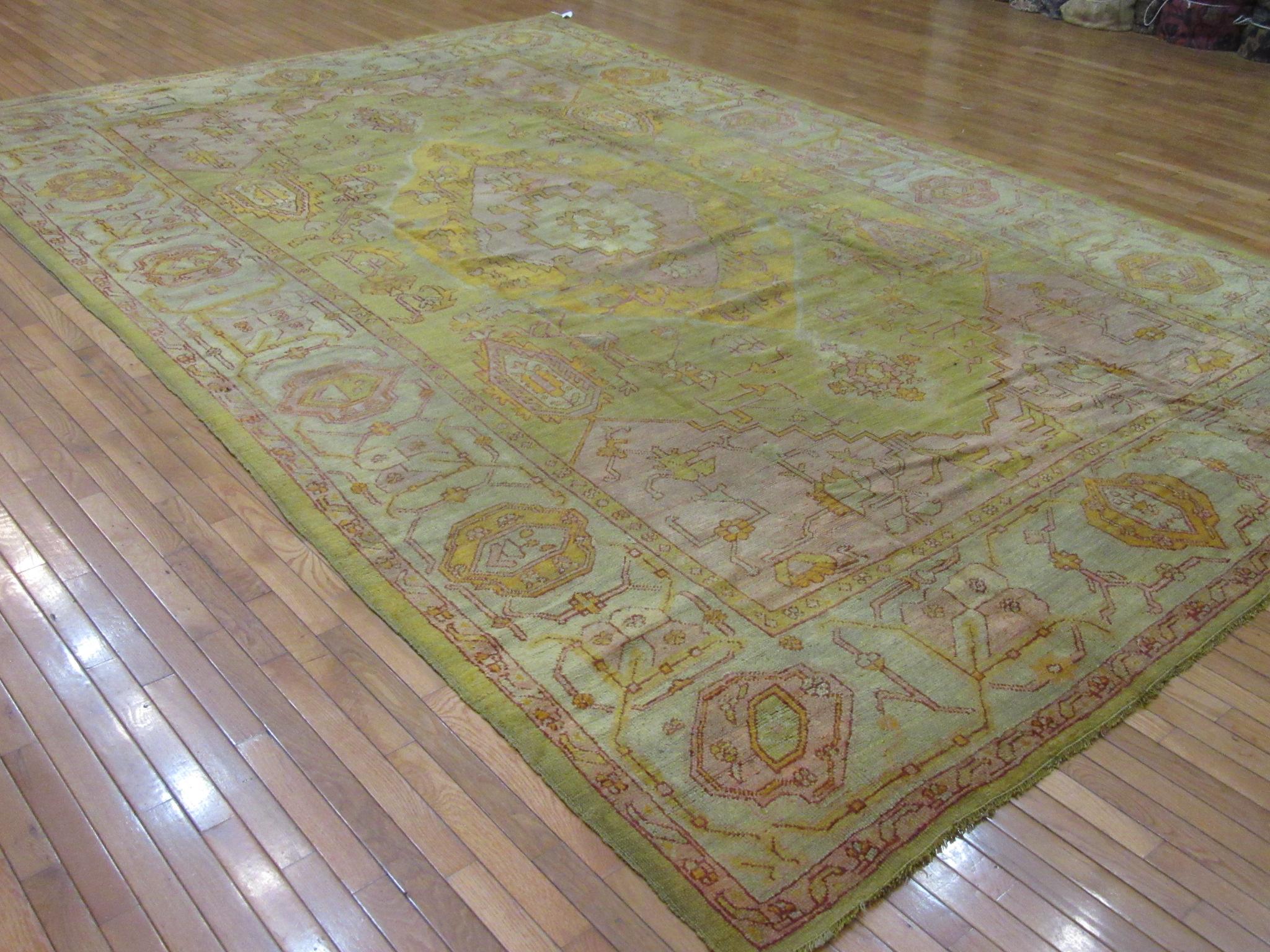 Antique Hand-Knotted Green Color Wool Turkish Oushak Rug For Sale 5