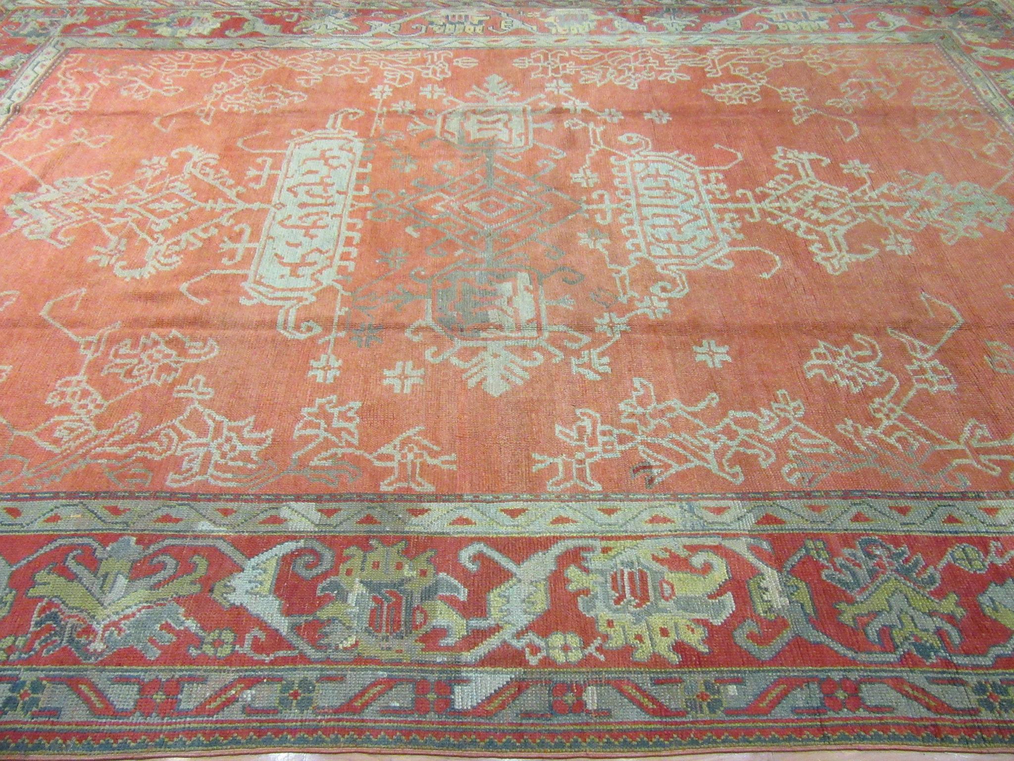 Large Antique Hand-Knotted Wool Coral Red Green Turkish Oushak Rug For Sale 10
