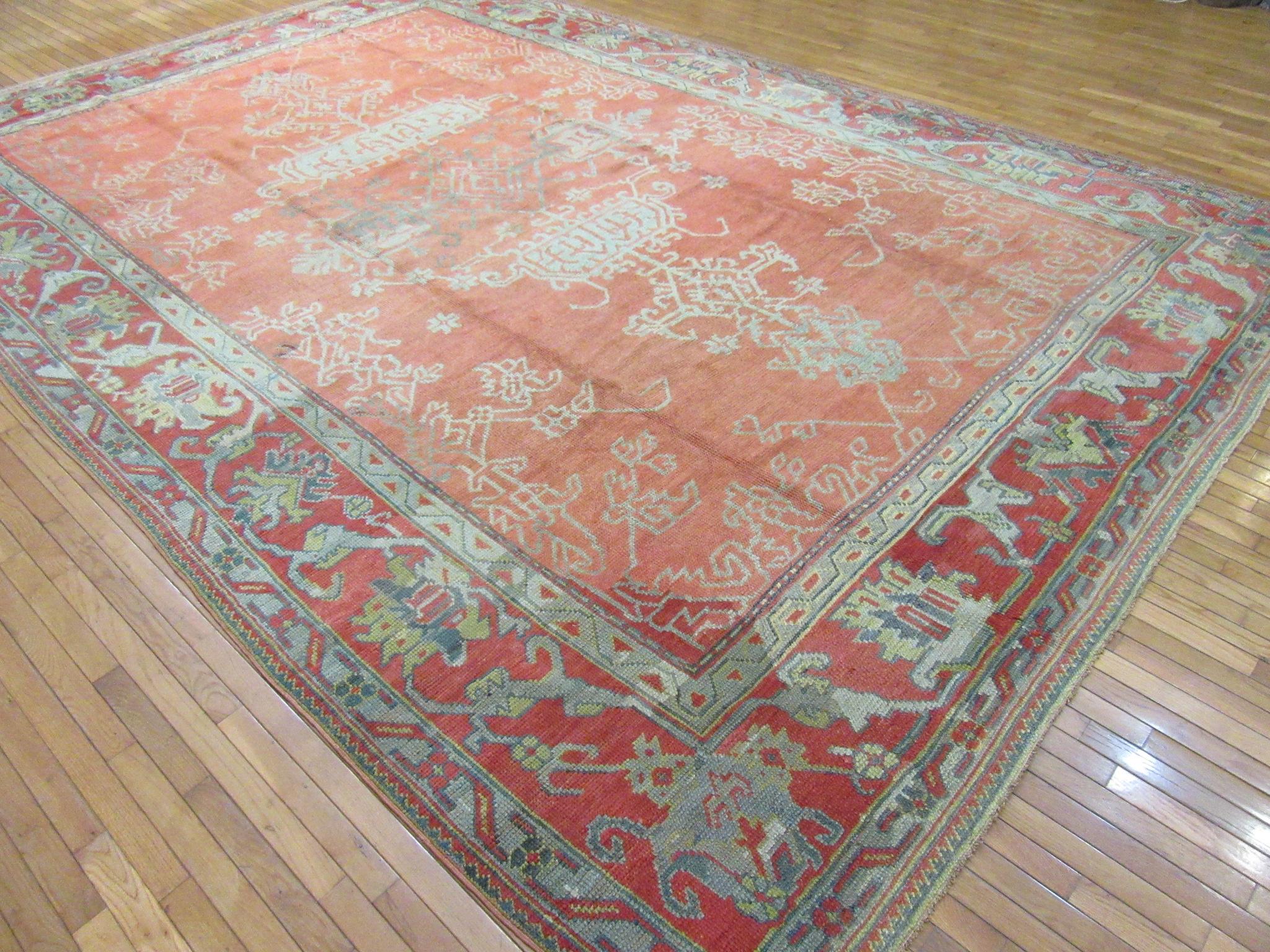 Large Antique Hand-Knotted Wool Coral Red Green Turkish Oushak Rug For Sale 11