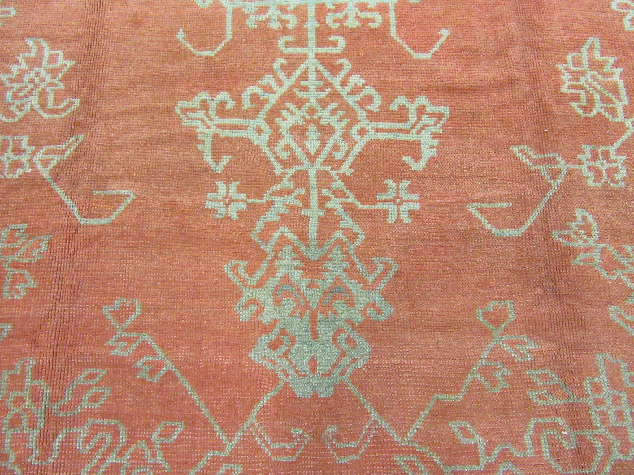 Large Antique Hand-Knotted Wool Coral Red Green Turkish Oushak Rug For Sale 2