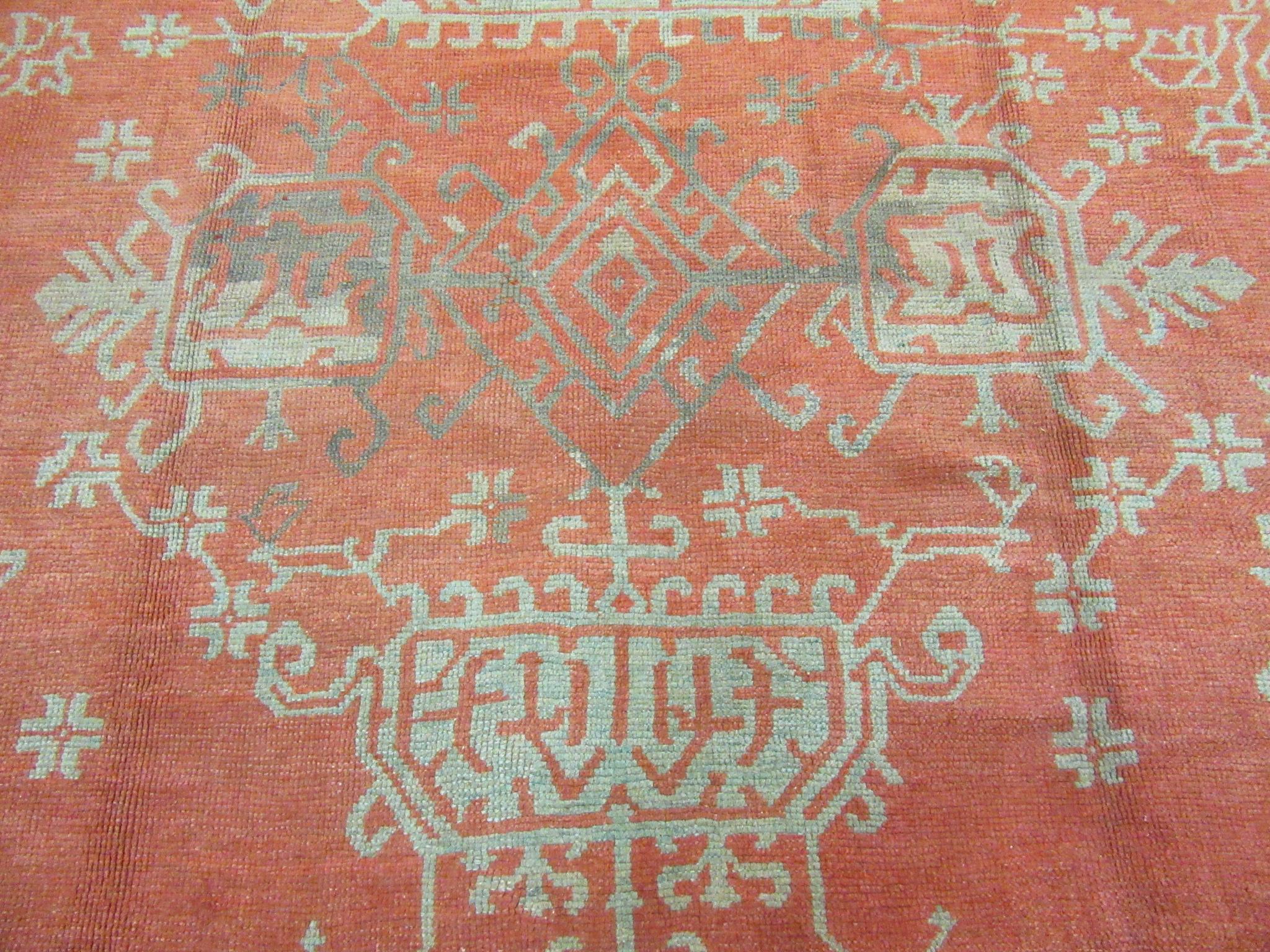 Large Antique Hand-Knotted Wool Coral Red Green Turkish Oushak Rug For Sale 3