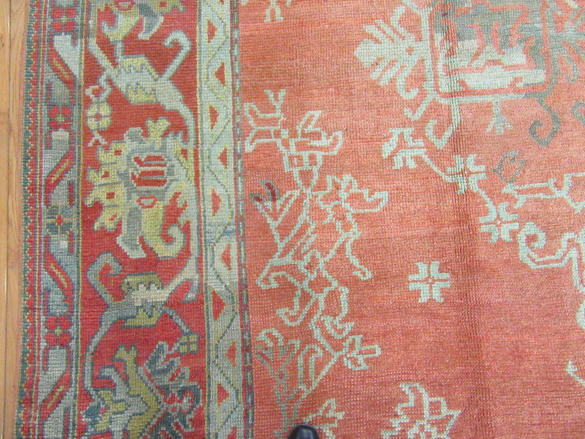 Large Antique Hand-Knotted Wool Coral Red Green Turkish Oushak Rug For Sale 4