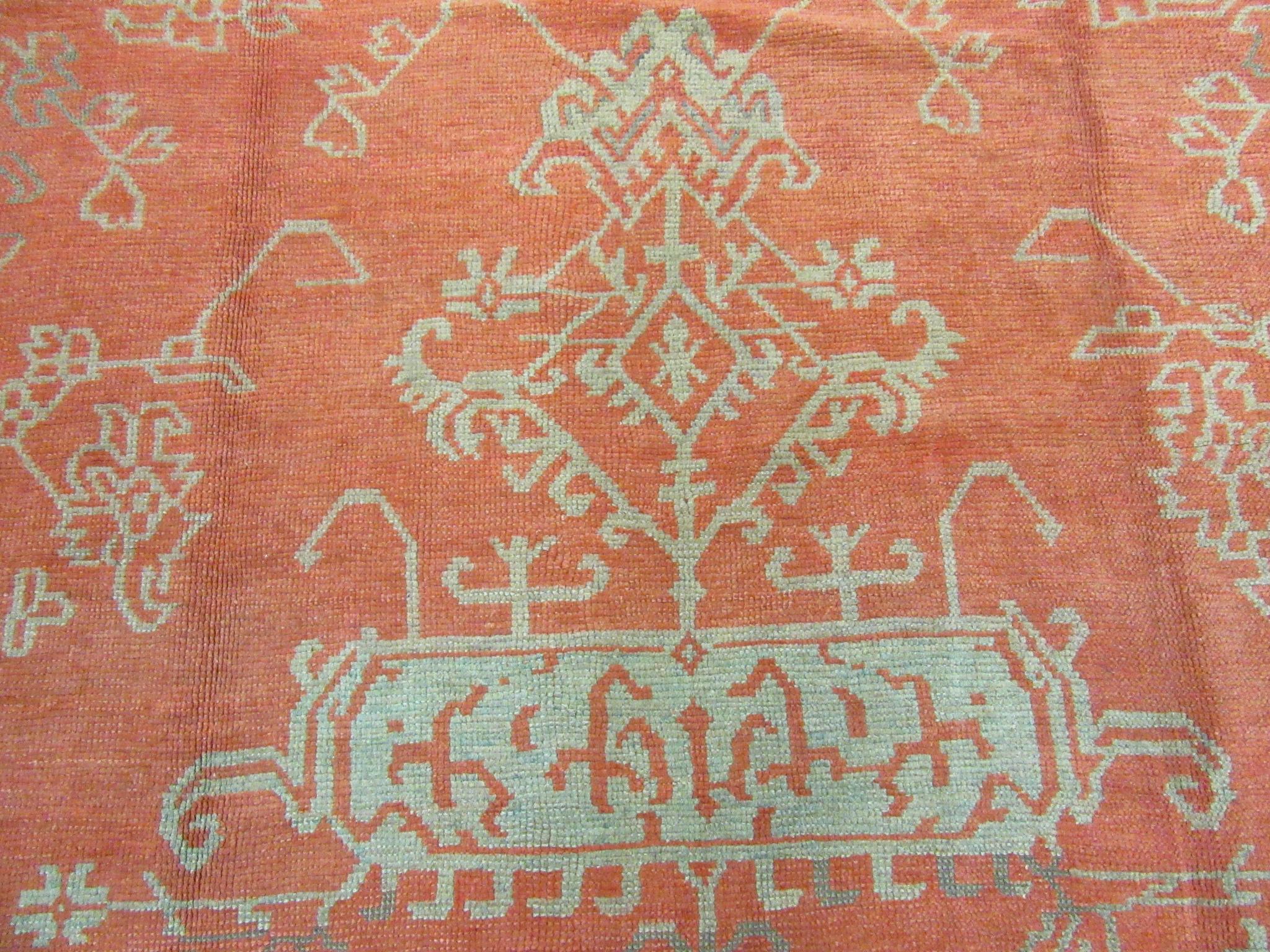 Large Antique Hand-Knotted Wool Coral Red Green Turkish Oushak Rug For Sale 5