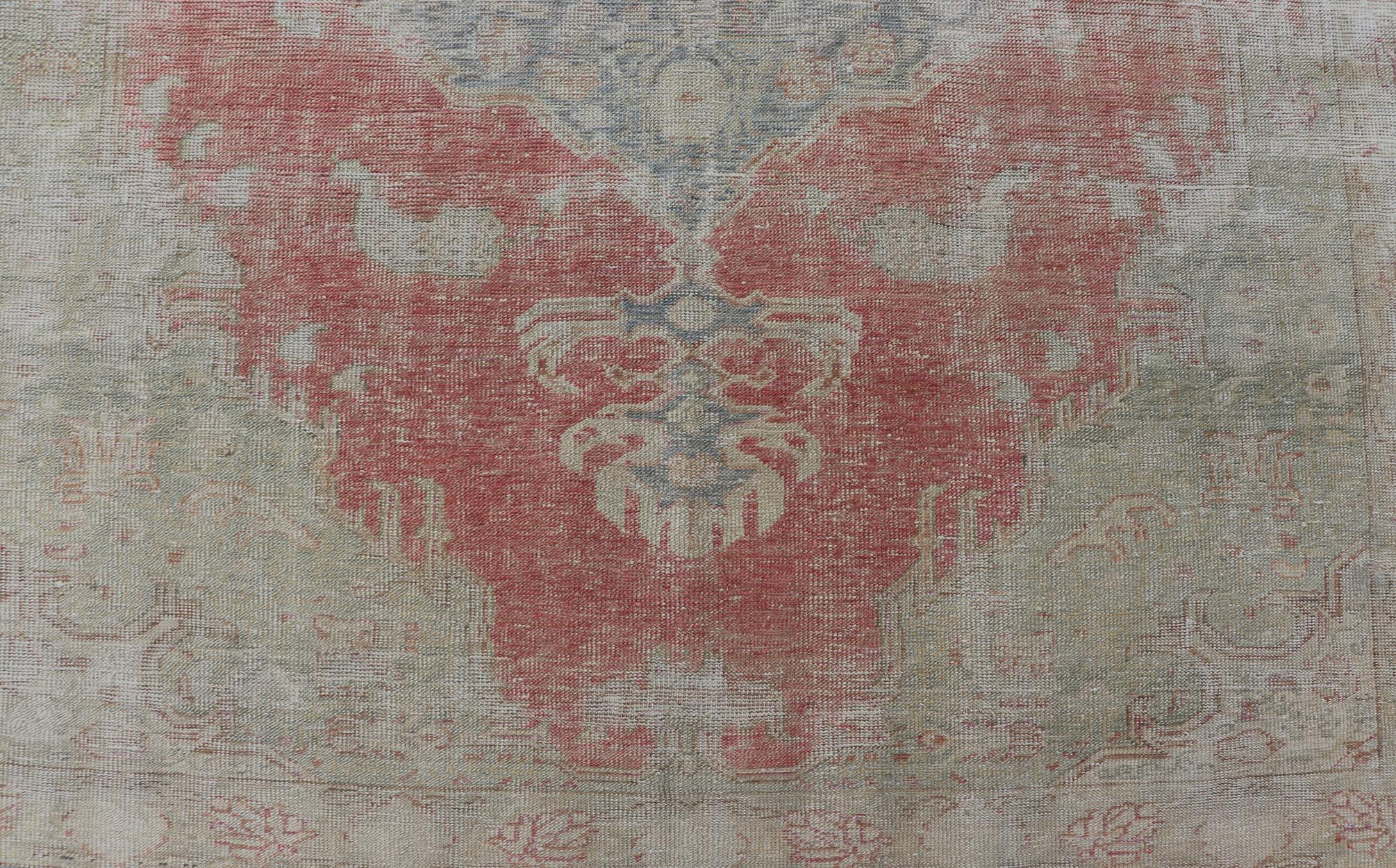 Antique Hand Knotted Turkish Oushak with Large Medallion in Off White and Coral For Sale 3