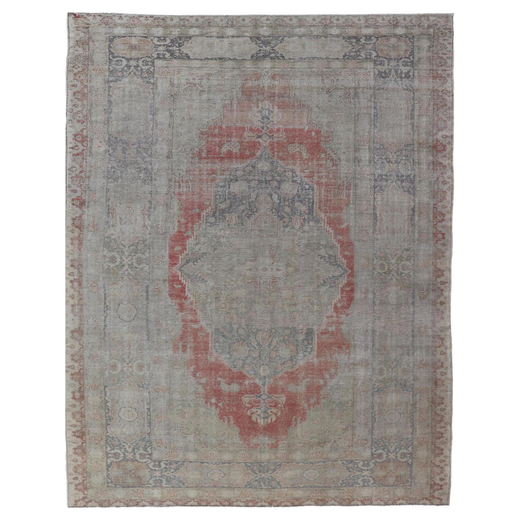 Antique Hand Knotted Turkish Oushak with Large Medallion in Off White and Coral