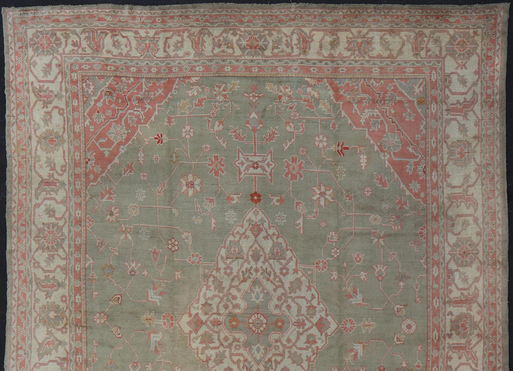 Wool Antique Hand Knotted Turkish Oushak with Large Medallion in Soft Green
