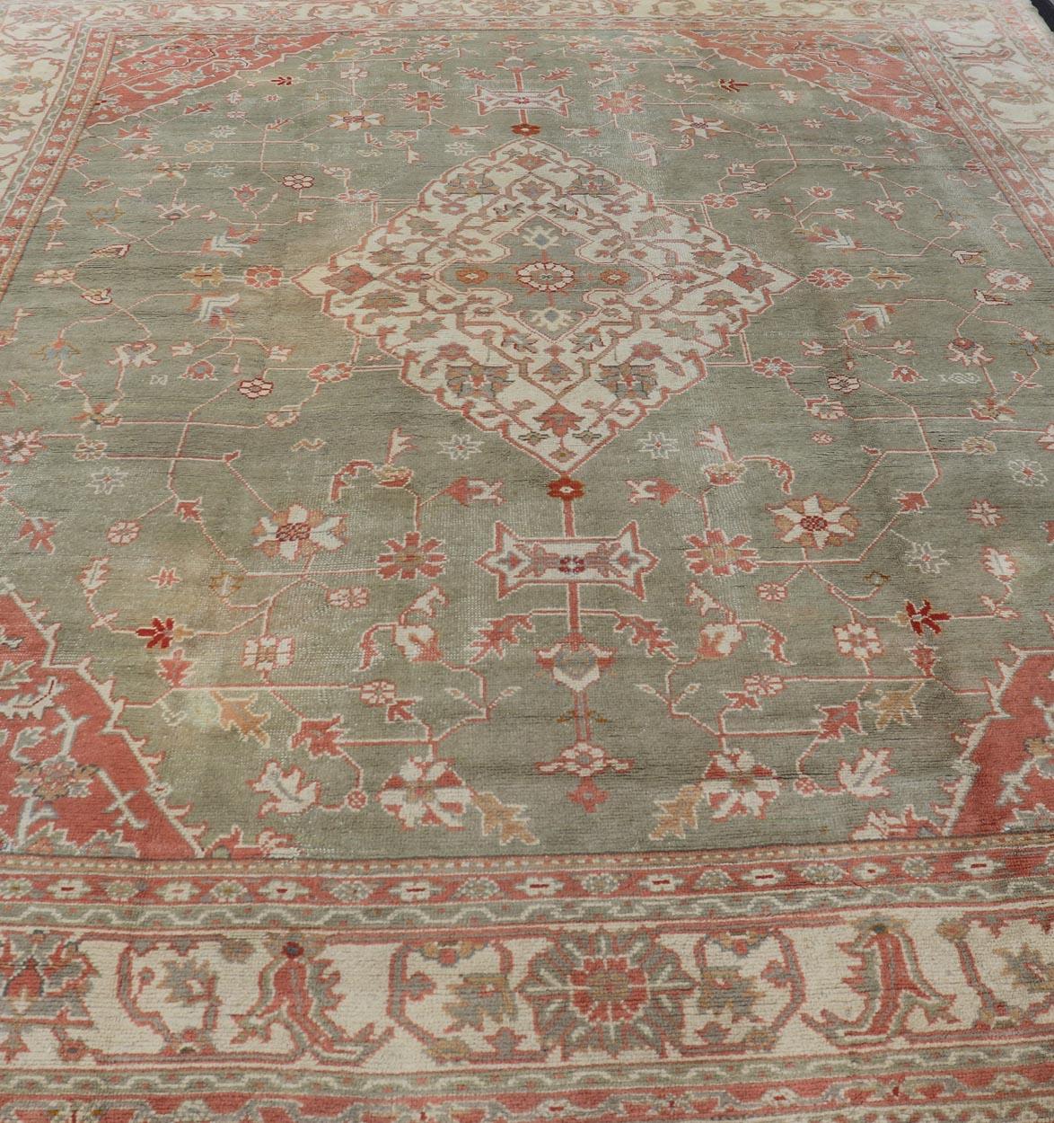 Antique Hand Knotted Turkish Oushak with Large Medallion in Soft Green 3