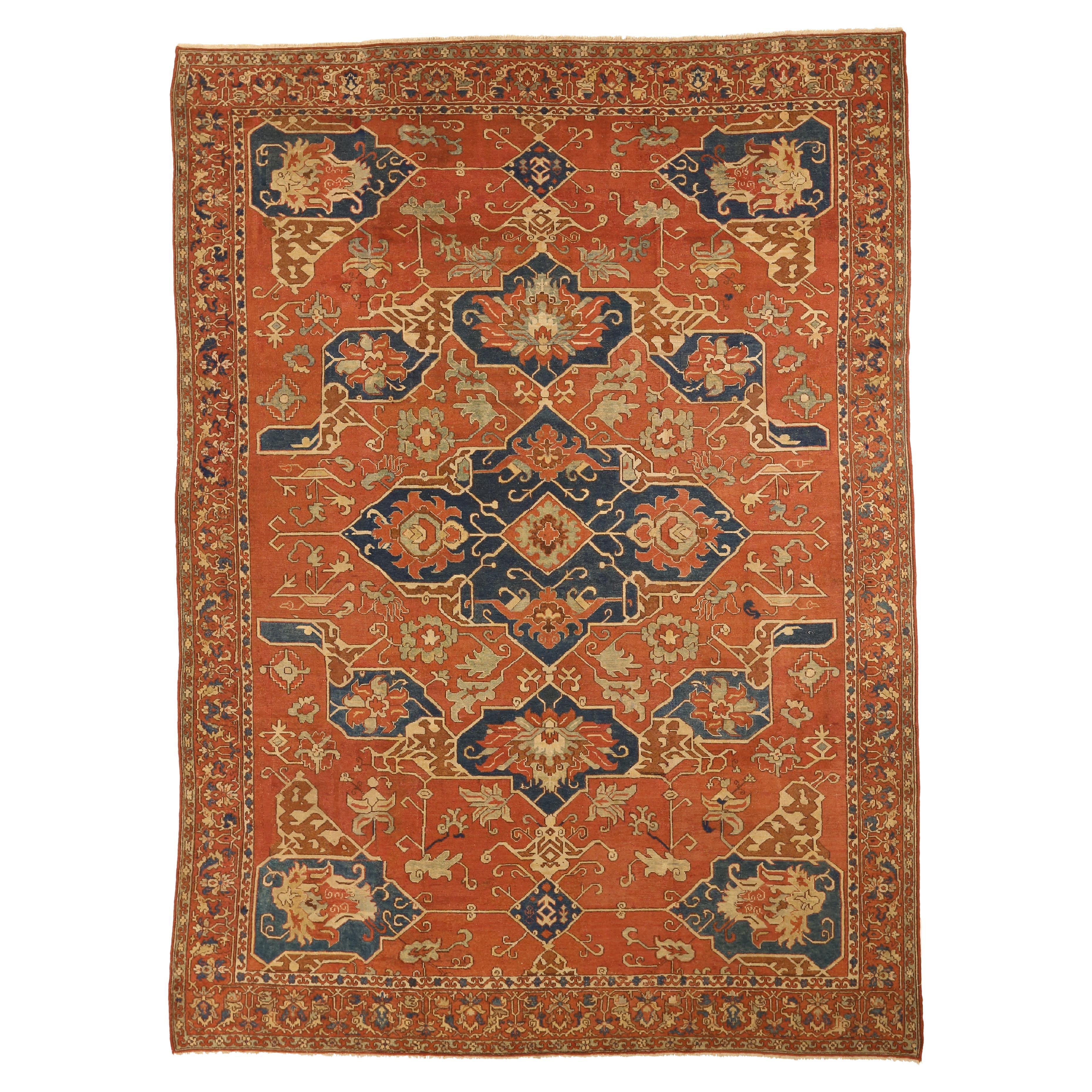 Antique Hand Knotted Turkish Rug Heriz Design For Sale