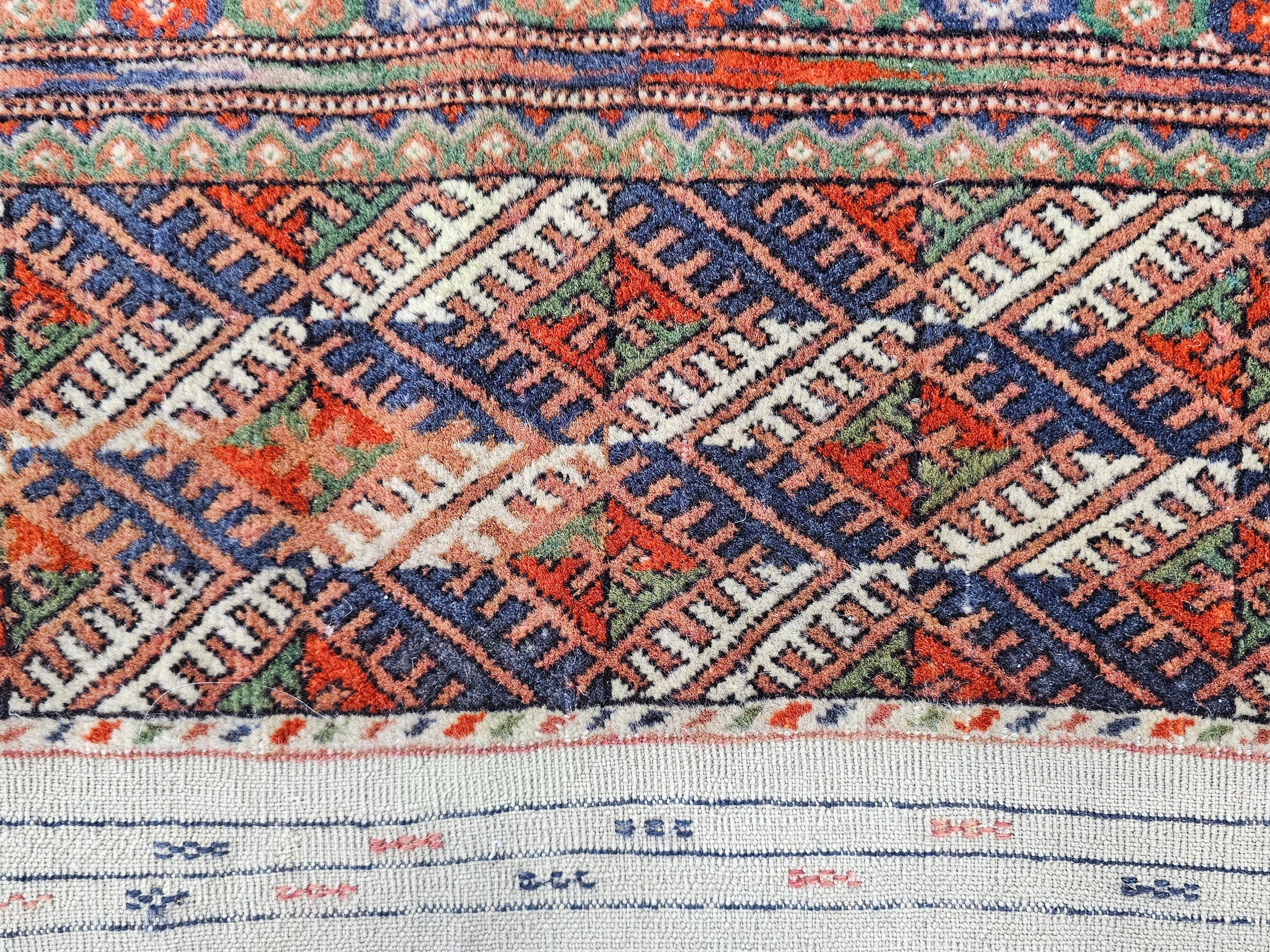 Antique Hand-knotted Turkmen Bokhara Rug in brick orange/red, Turkmenistan 1920s 4