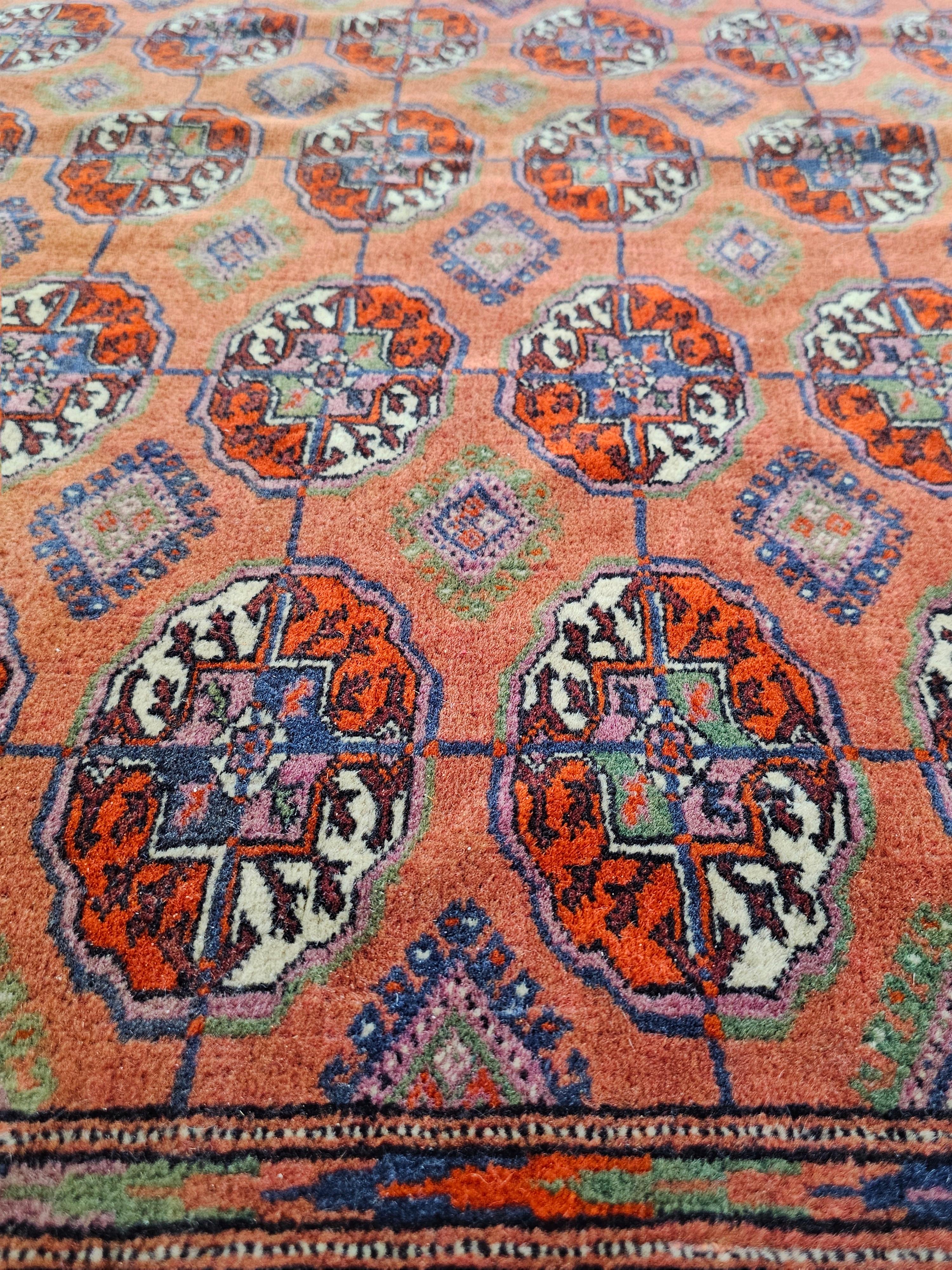 Antique Hand-knotted Turkmen Bokhara Rug in brick orange/red, Turkmenistan 1920s 2