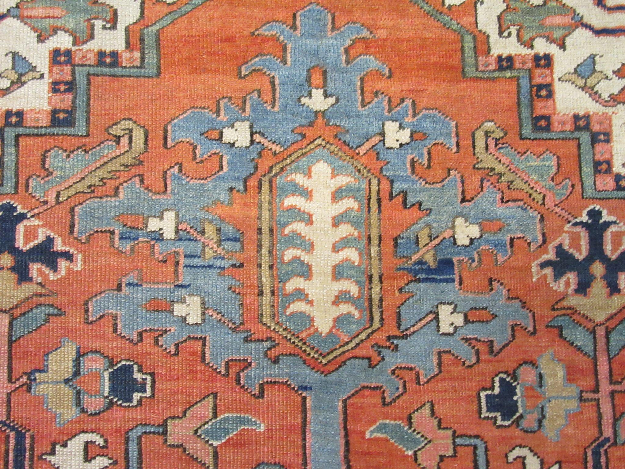 Antique Hand Knotted Wool Red and Blue Persian Serapi Rug For Sale 6