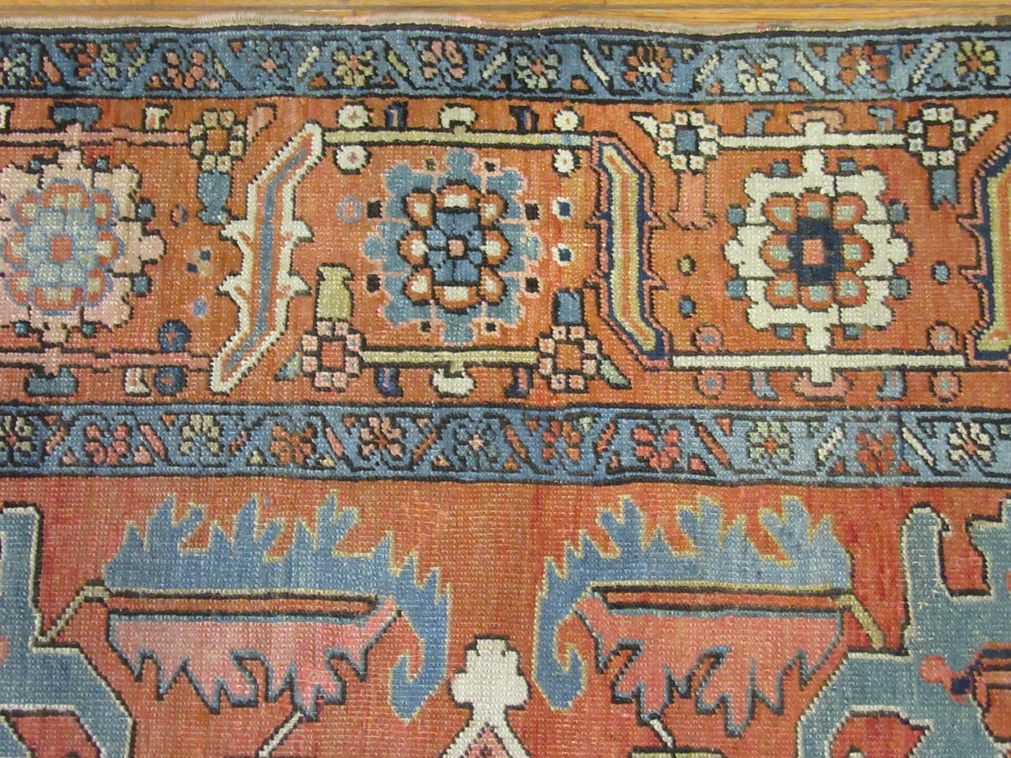 Antique Hand Knotted Wool Red and Blue Persian Serapi Rug For Sale 7