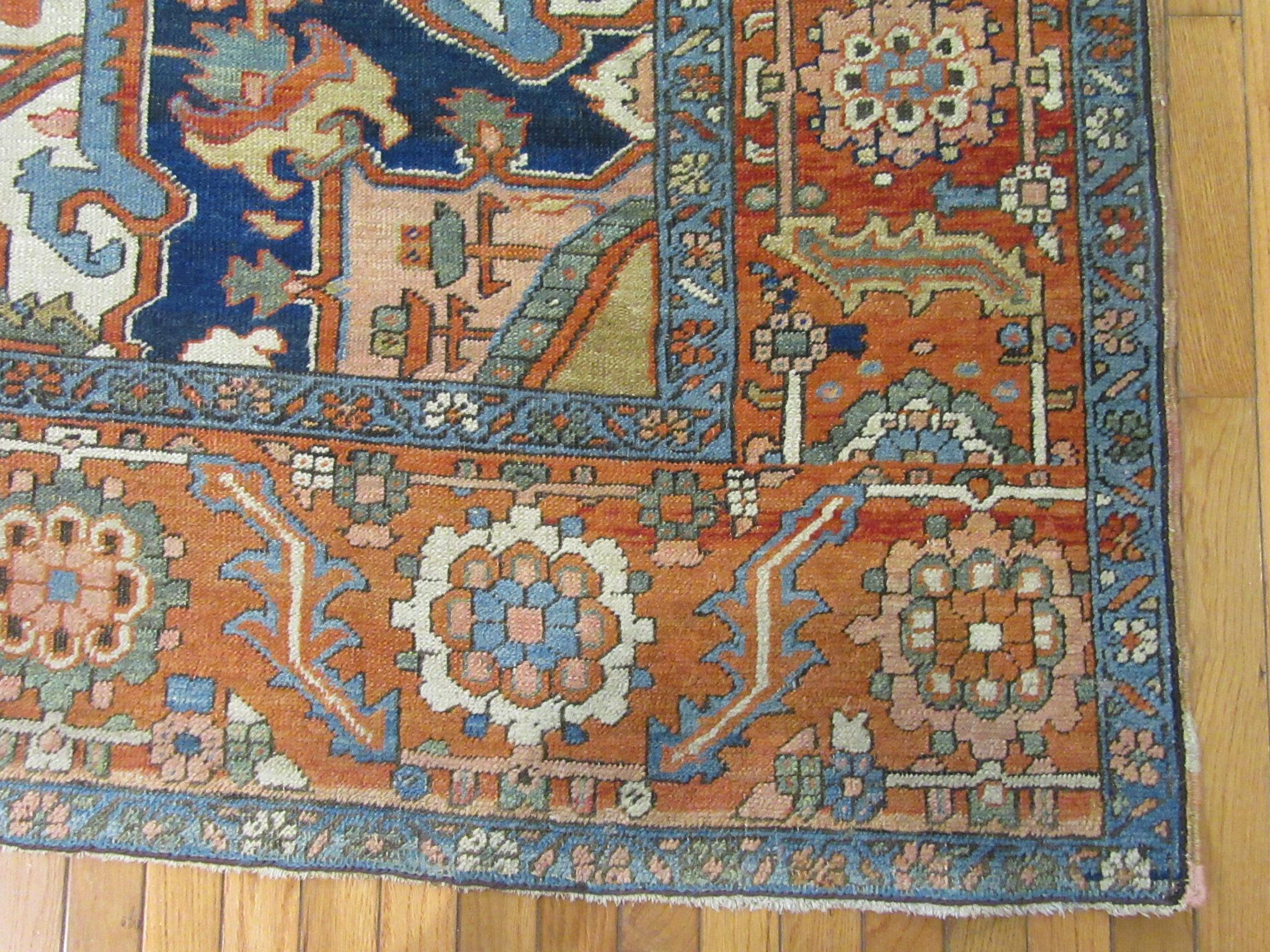 Antique Hand Knotted Wool Red and Blue Persian Serapi Rug For Sale 10