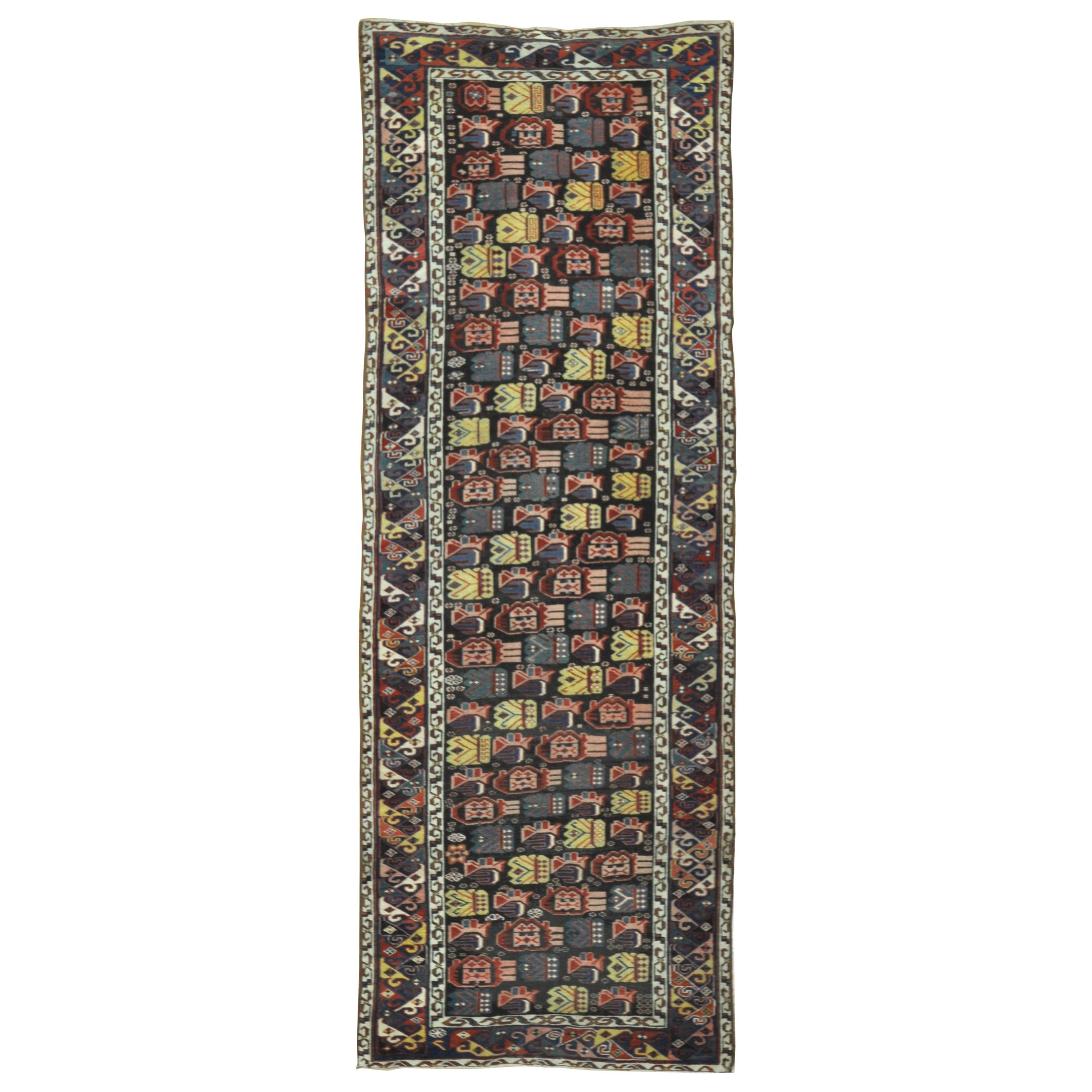 Antique Hand-Knotted wool Caucasian Shirvan Runner Rug For Sale