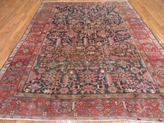 Antique Hand Knotted Wool Navy and Red Persian Heriz Rug