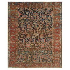 Antique Hand Knotted Wool Navy and Red Persian Heriz Rug