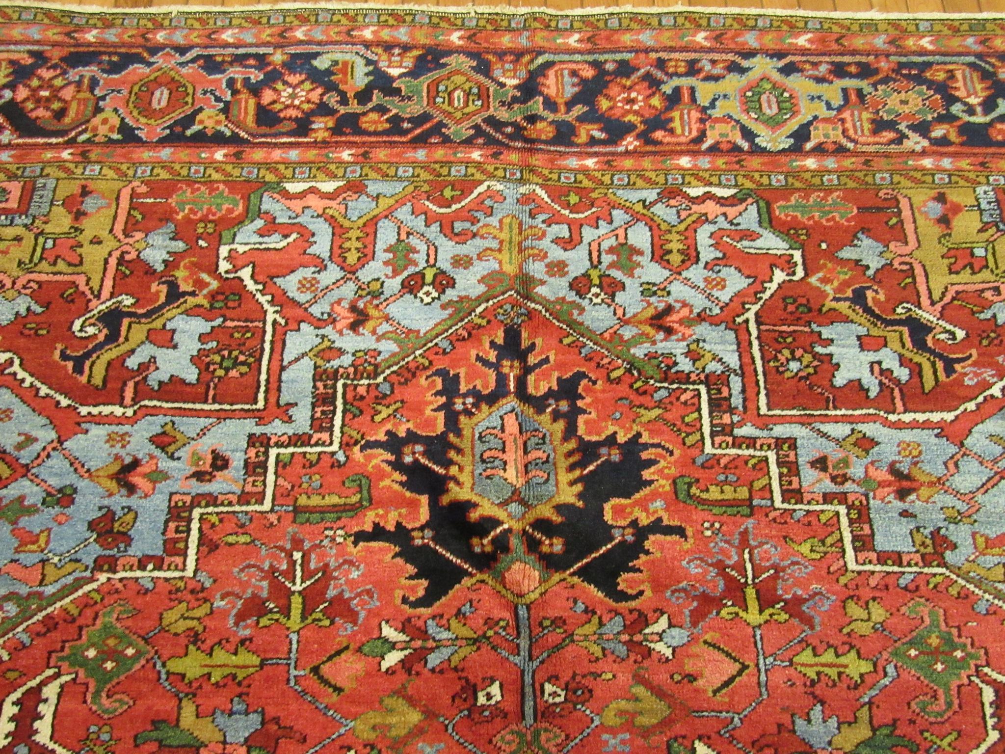 Antique Hand-Knotted Wool Persian Heriz Area Rug For Sale 5