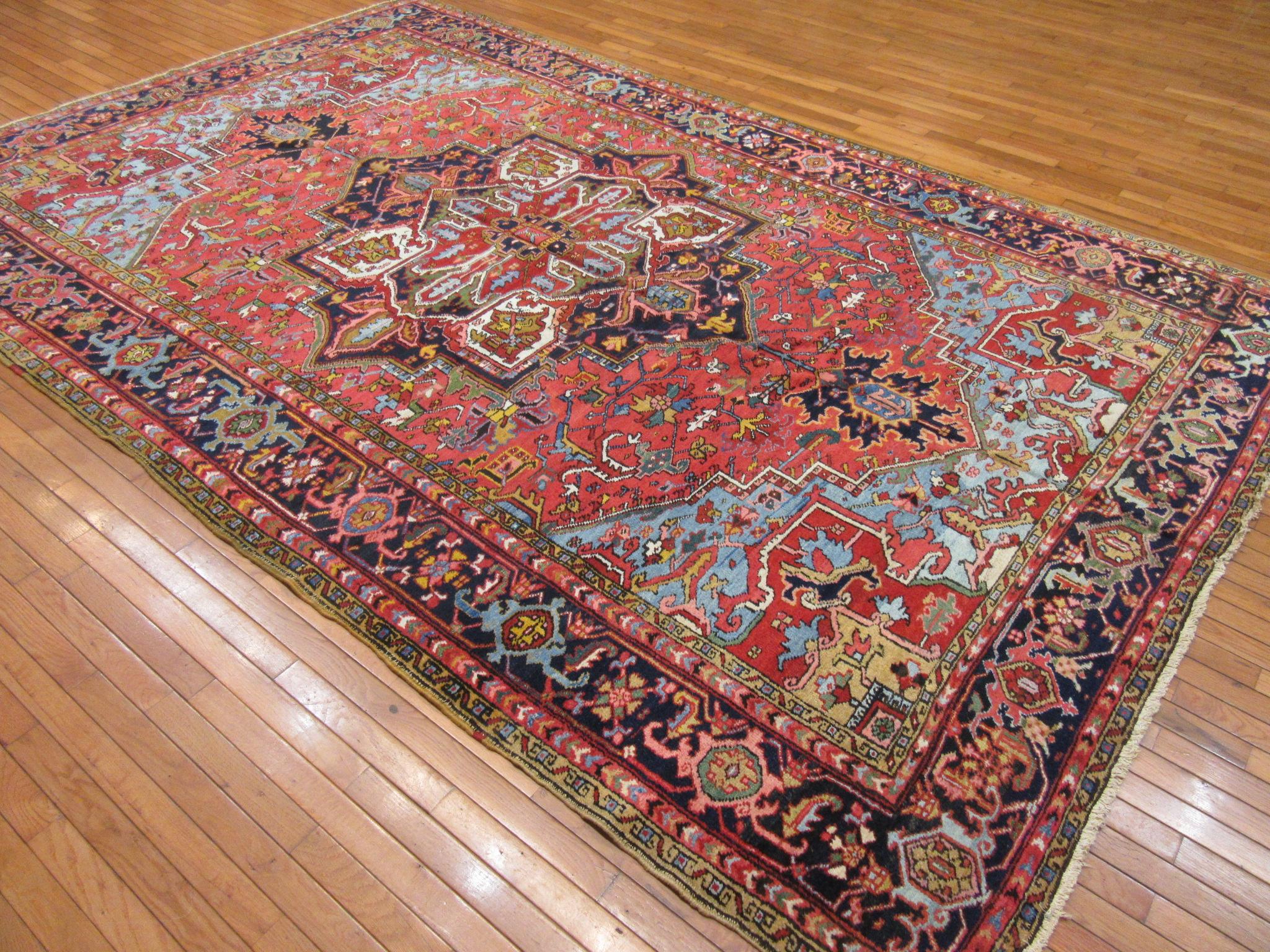 Antique Hand-Knotted Wool Persian Heriz Area Rug For Sale 7