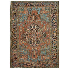 Antique Hand-Knotted Wool Persian Heriz Rug