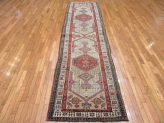 Antique Hand-Knotted Wool Ivory, Red Blue Persian Sarab Runner Rug