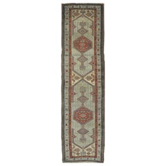 Antique Hand-Knotted Wool Ivory, Red Blue Persian Sarab Runner Rug