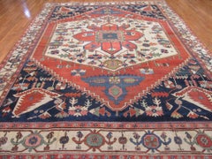 Antique Hand Knotted Wool Rust Red Navy Ivory 11 x 14 Persian Serapi Rug
