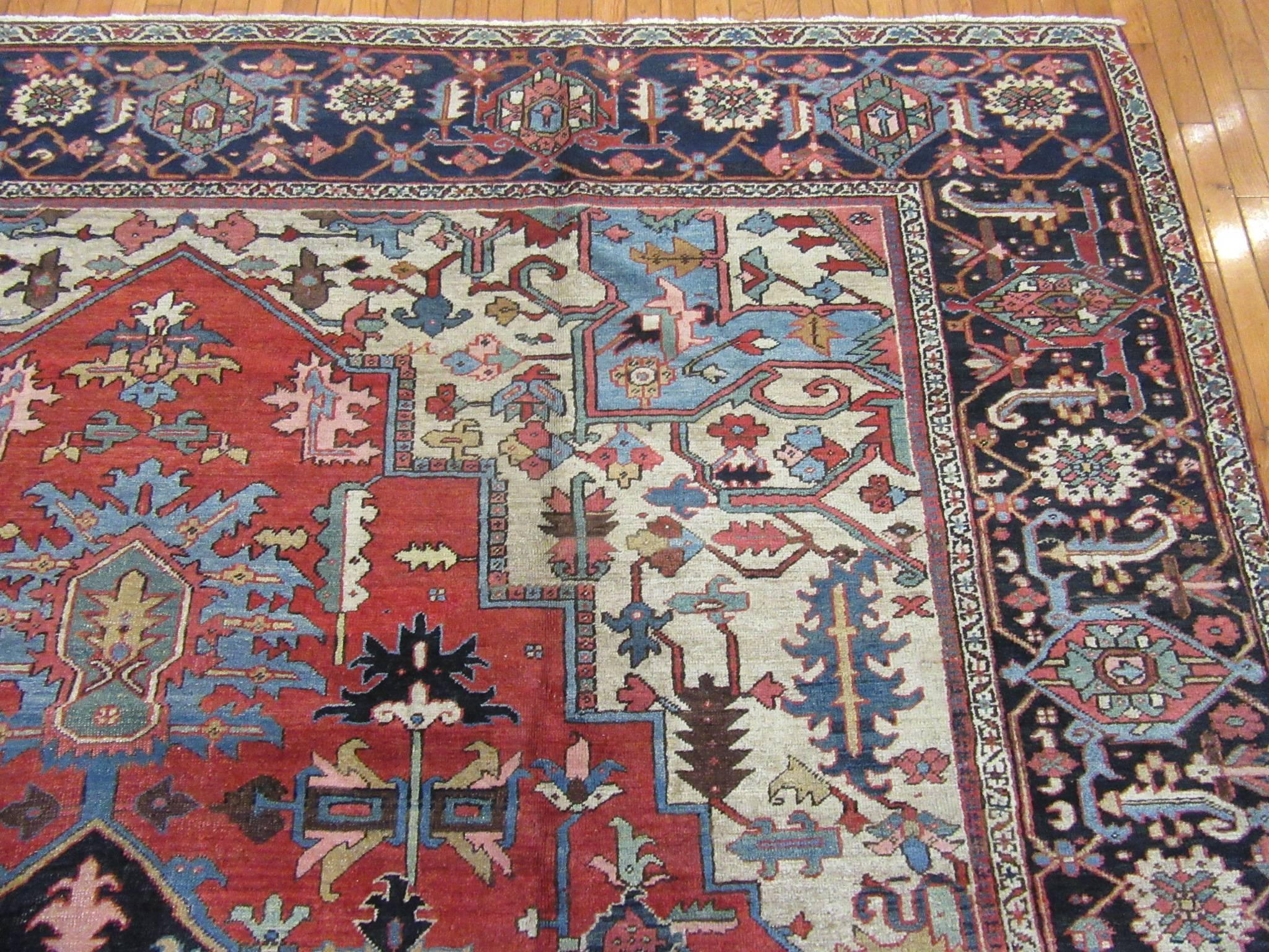 Antique Hand-Knotted Wool Persian Serapi Rug For Sale 2