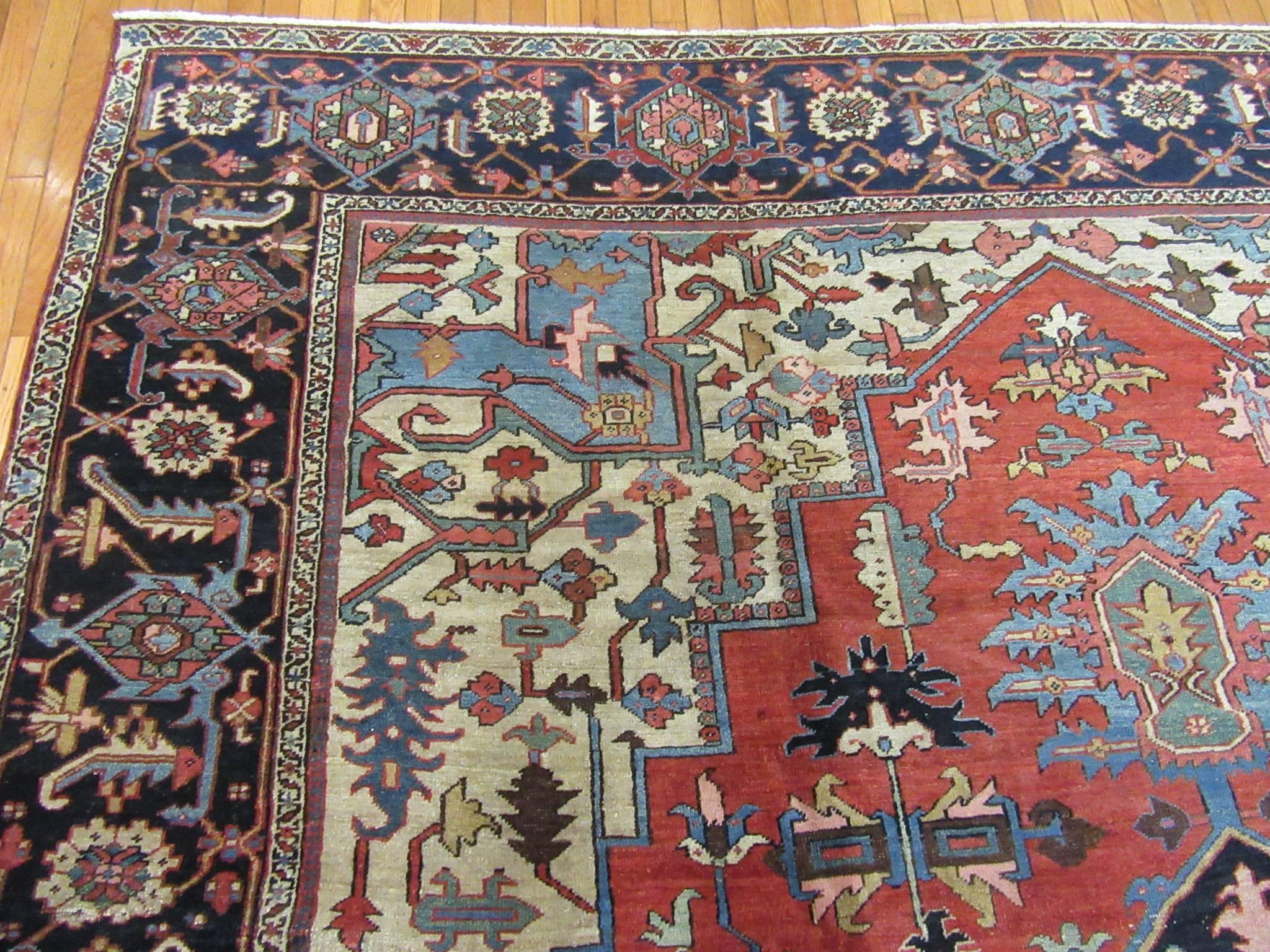 Antique Hand-Knotted Wool Persian Serapi Rug For Sale 3