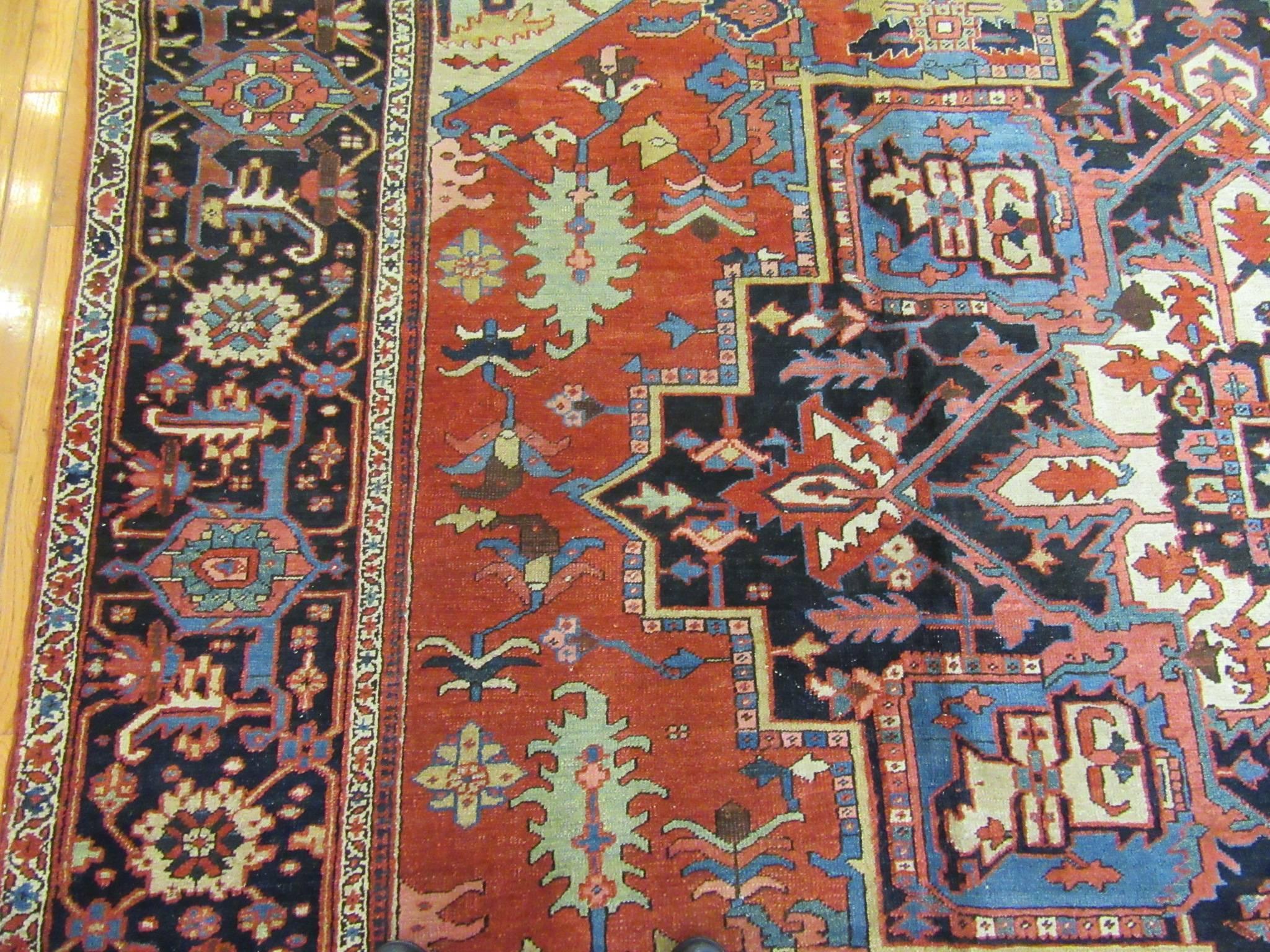 Antique Hand-Knotted Wool Persian Serapi Rug For Sale 4