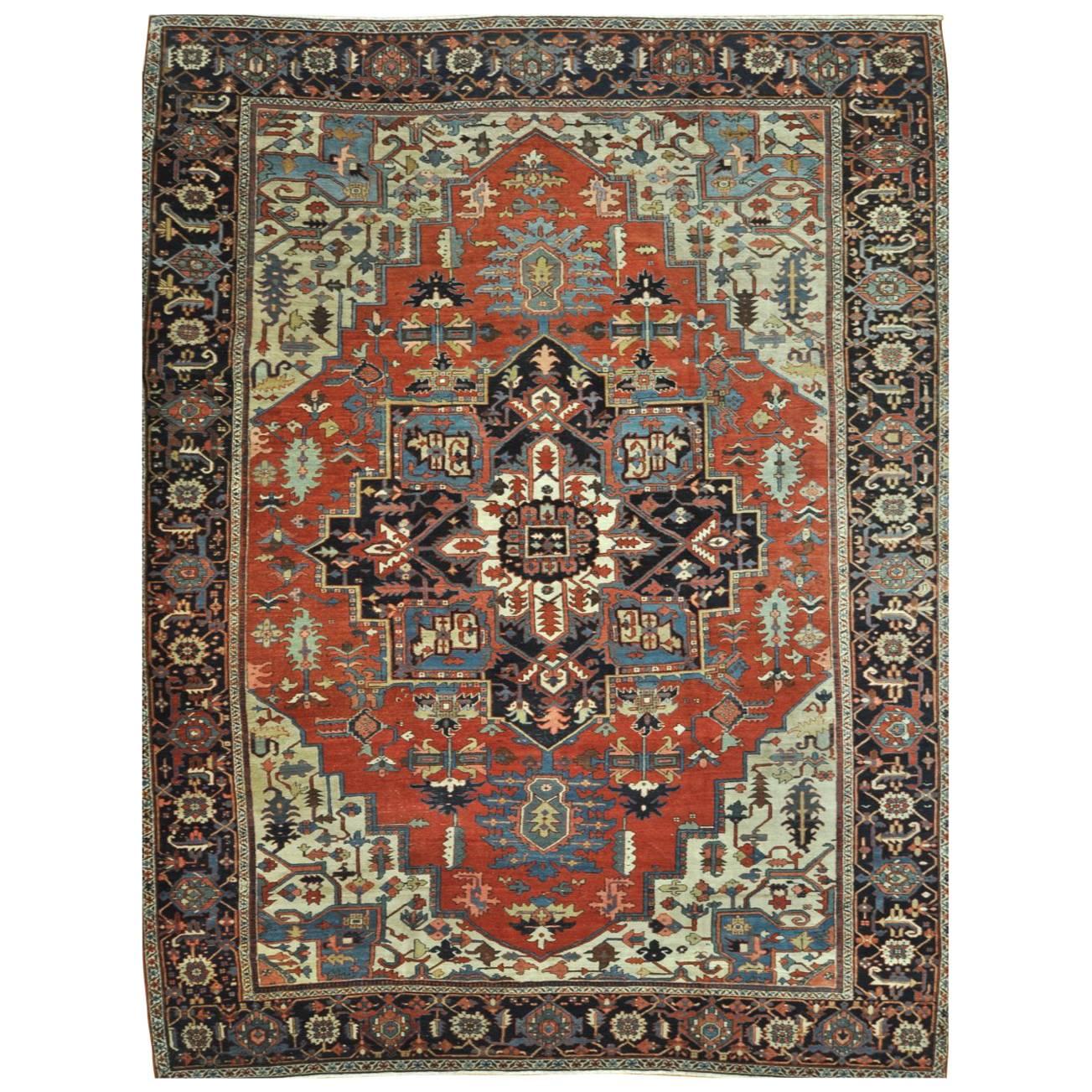 Antique Hand-Knotted Wool Persian Serapi Rug For Sale