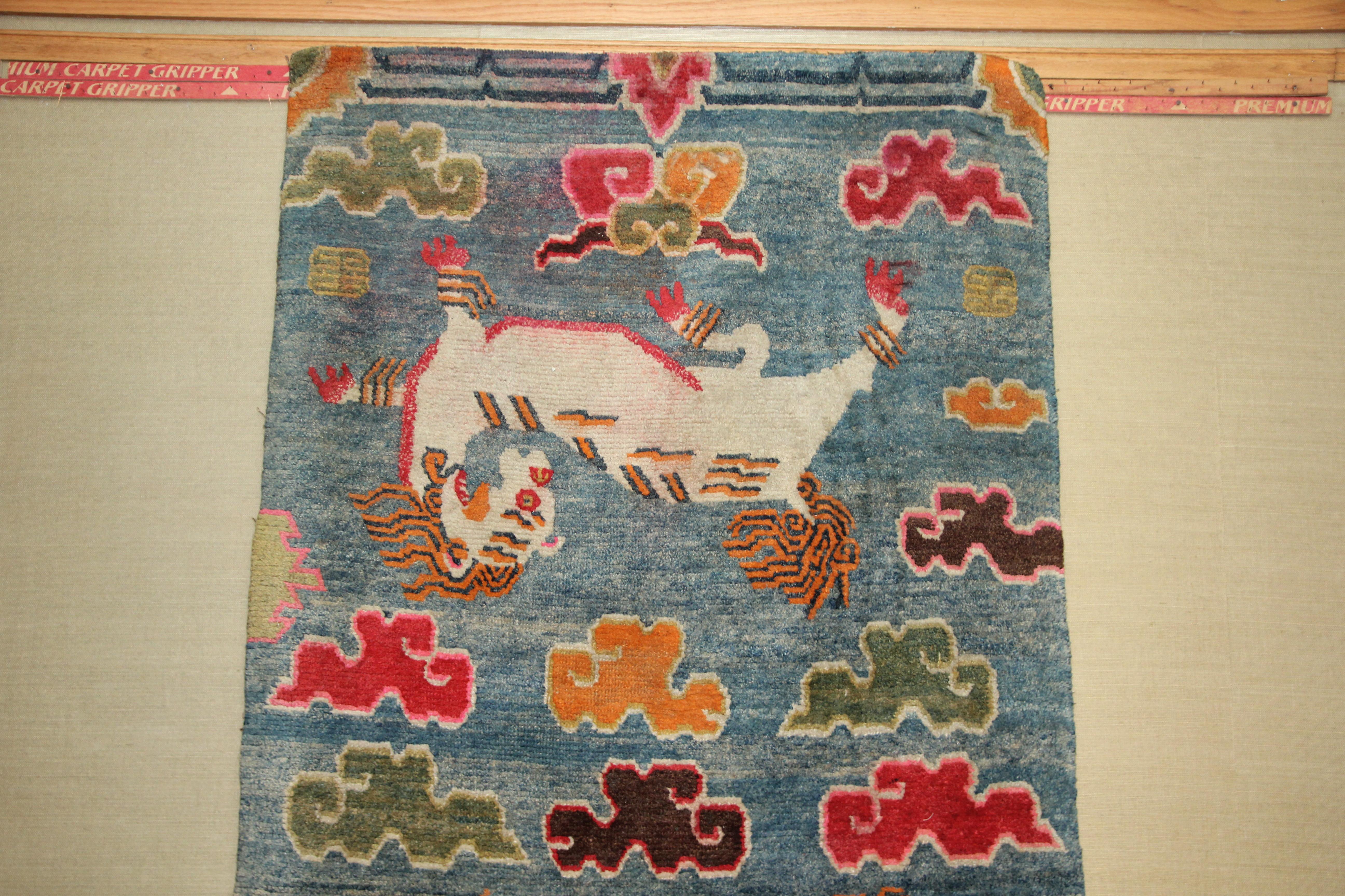 20th Century Antique Hand-Knotted Wool Tibetan Carpet Snow Leopards & Ruyi Cloud circa 1900