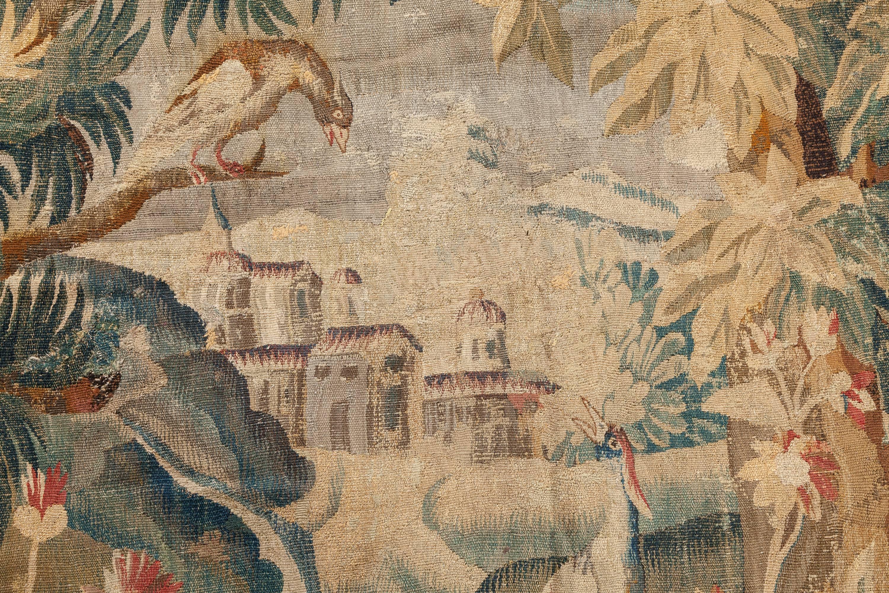 Wool Hand-Loomed Landscape with Stream Tapestry, Aubusson France, Late 17th Century For Sale