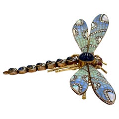 Antiguo broche de libélula hecho a mano en oro de 18 quilates y plata, circa 1880-1910