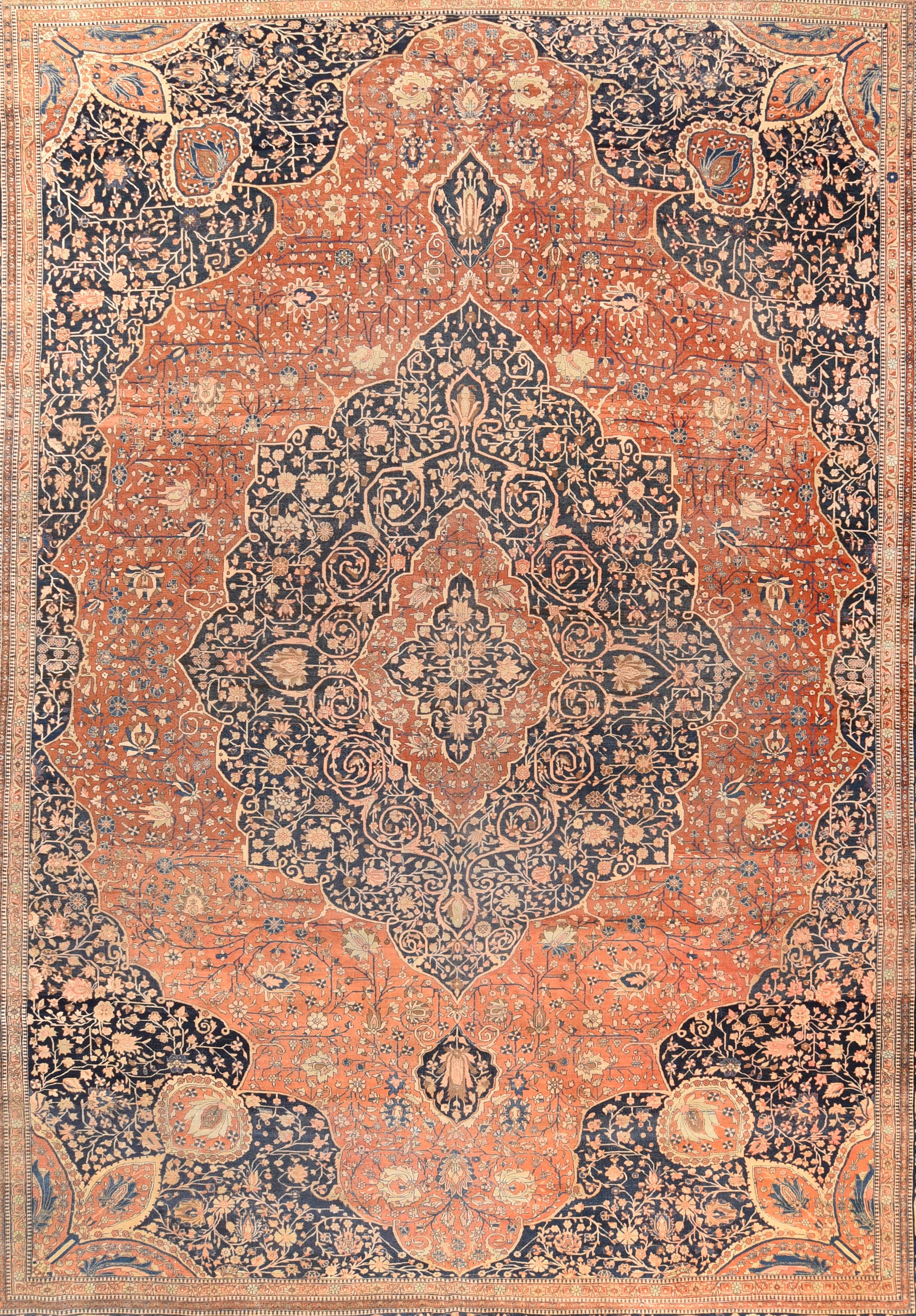 Antique Mohtasham Kashan Rug 11'6'' x 16'0''. Central Persian city known for finely woven. room size and scatter rugs, with dominant reds and navy, and medallion patterns and swirling palmettes. Wool and a few silk pieces. Active since the 16th