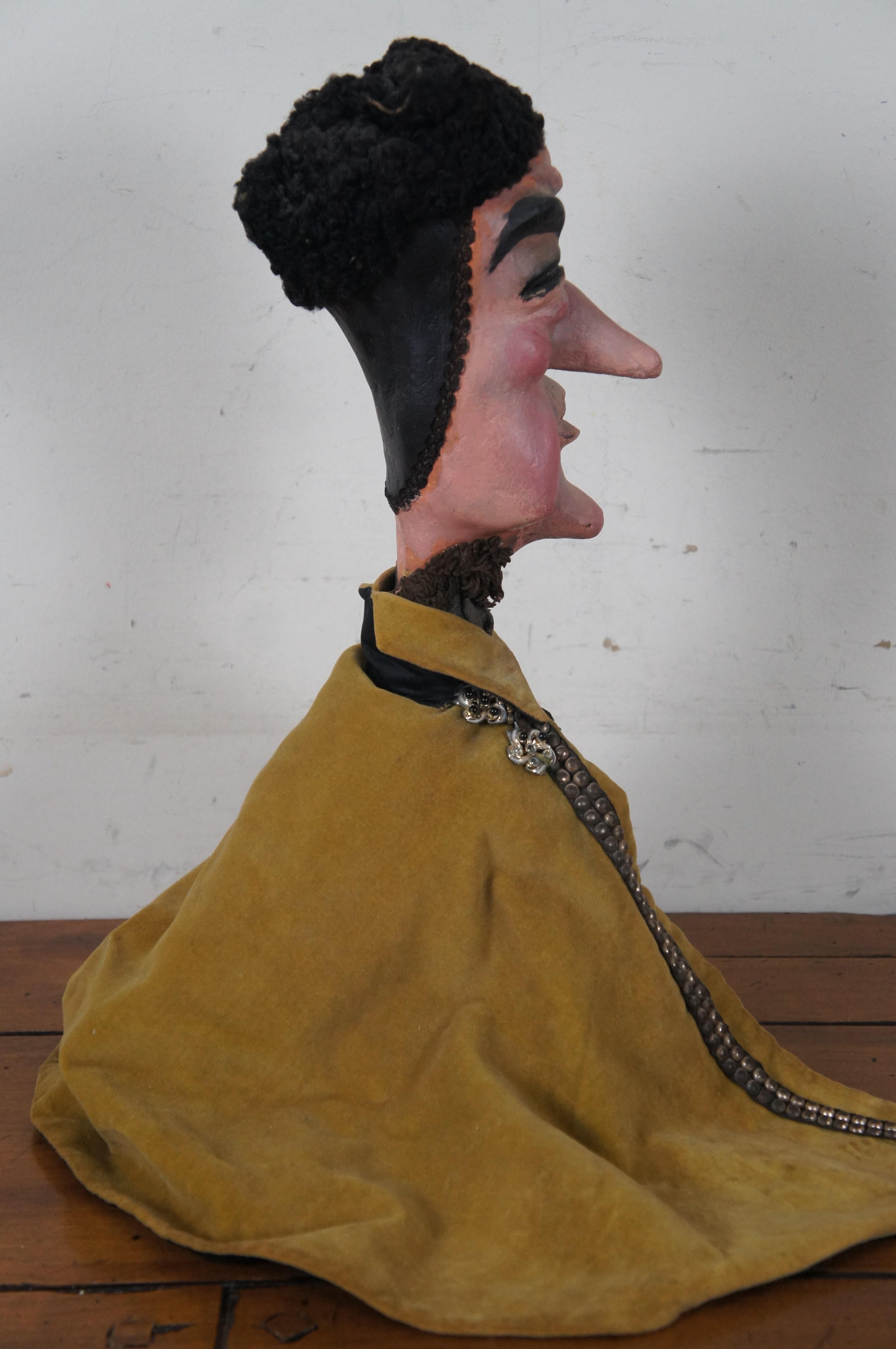 Fabric Antique Hand Made Paper Mache Hand Puppet & Stand Folk Art Doll Sculpture