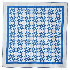 Antique Hand Made Patchwork "Pinwheel Stars" Quilt in Blue and White, USA, 1920s