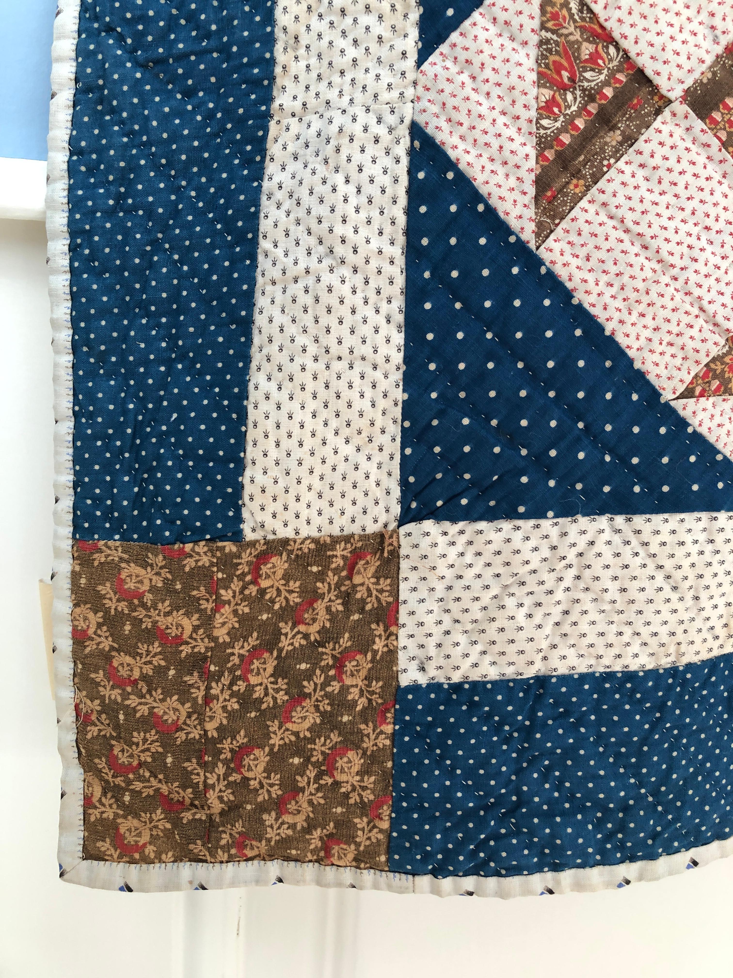 Hand-Crafted Antique Handmade Patchwork Quilt in Blue, White and Pink, USA, 1880s