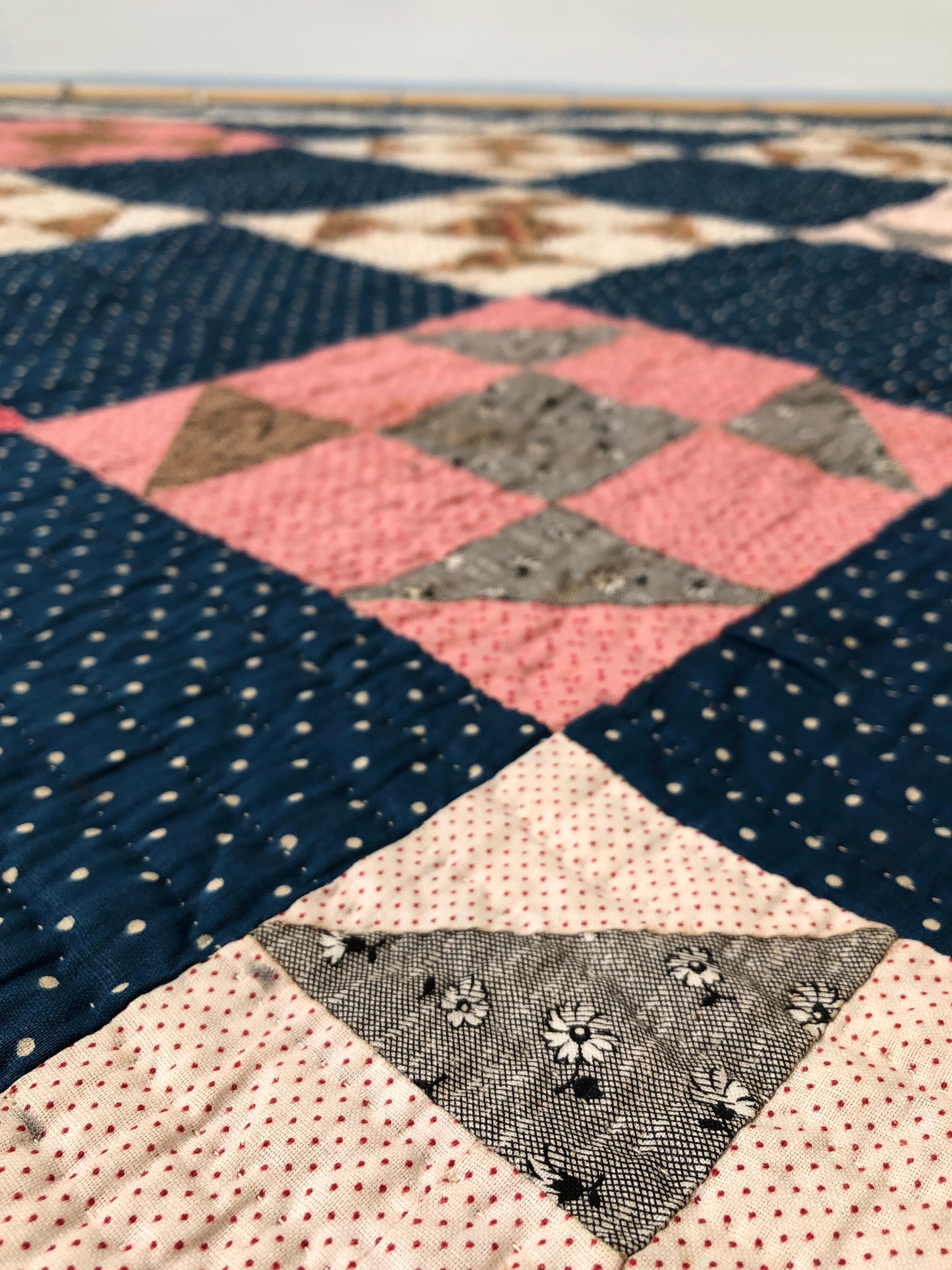 Late 19th Century Antique Handmade Patchwork Quilt in Blue, White and Pink, USA, 1880s