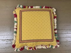 Antique Handmade Pillow in Green and Gold Tones with Tassel Trim