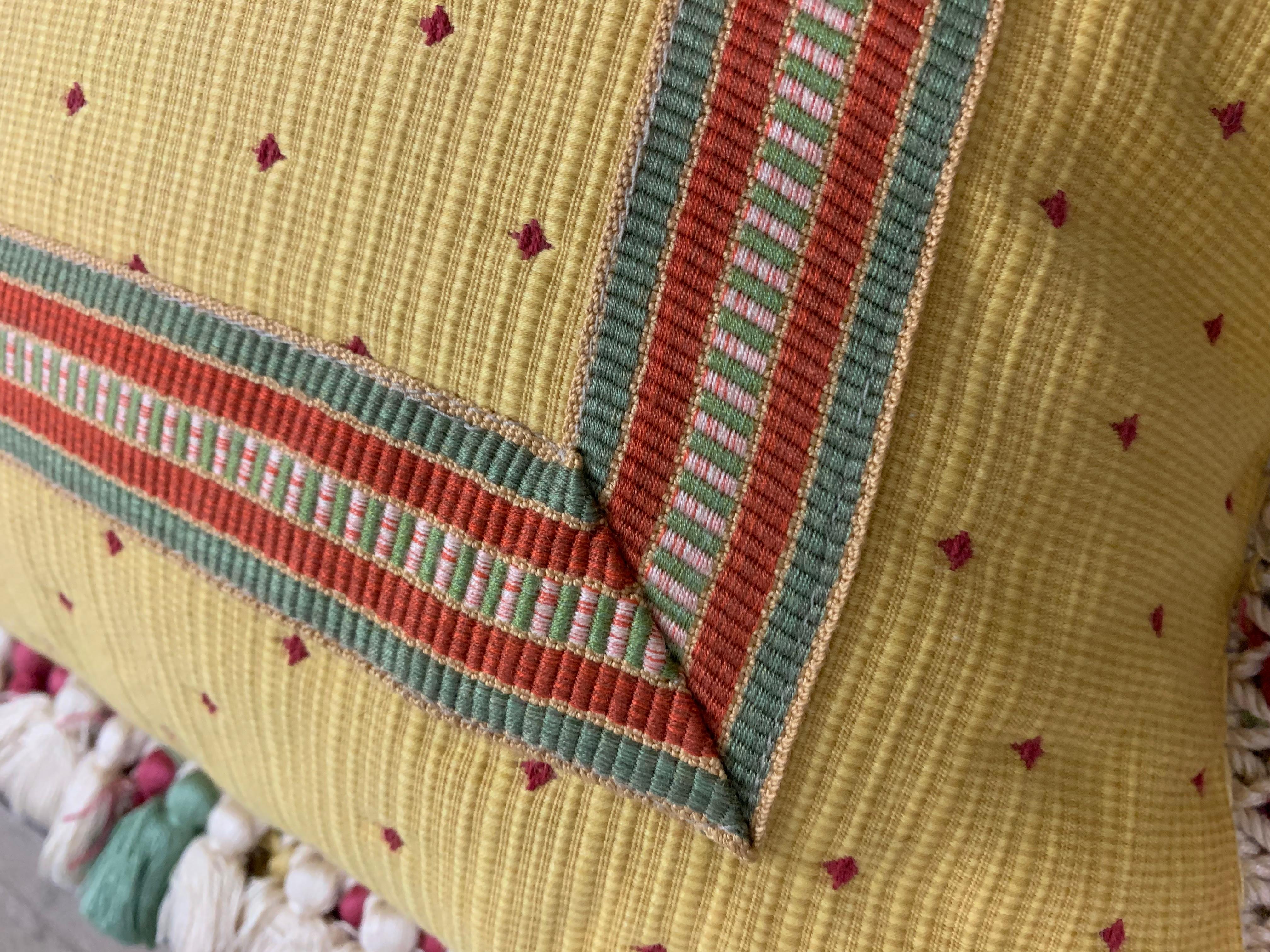 Cotton Antique Handmade Pillow in Green and Gold Tones with Tassel Trim For Sale