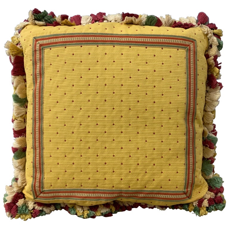 Antique Handmade Pillow in Green and Gold Tones with Tassel Trim For