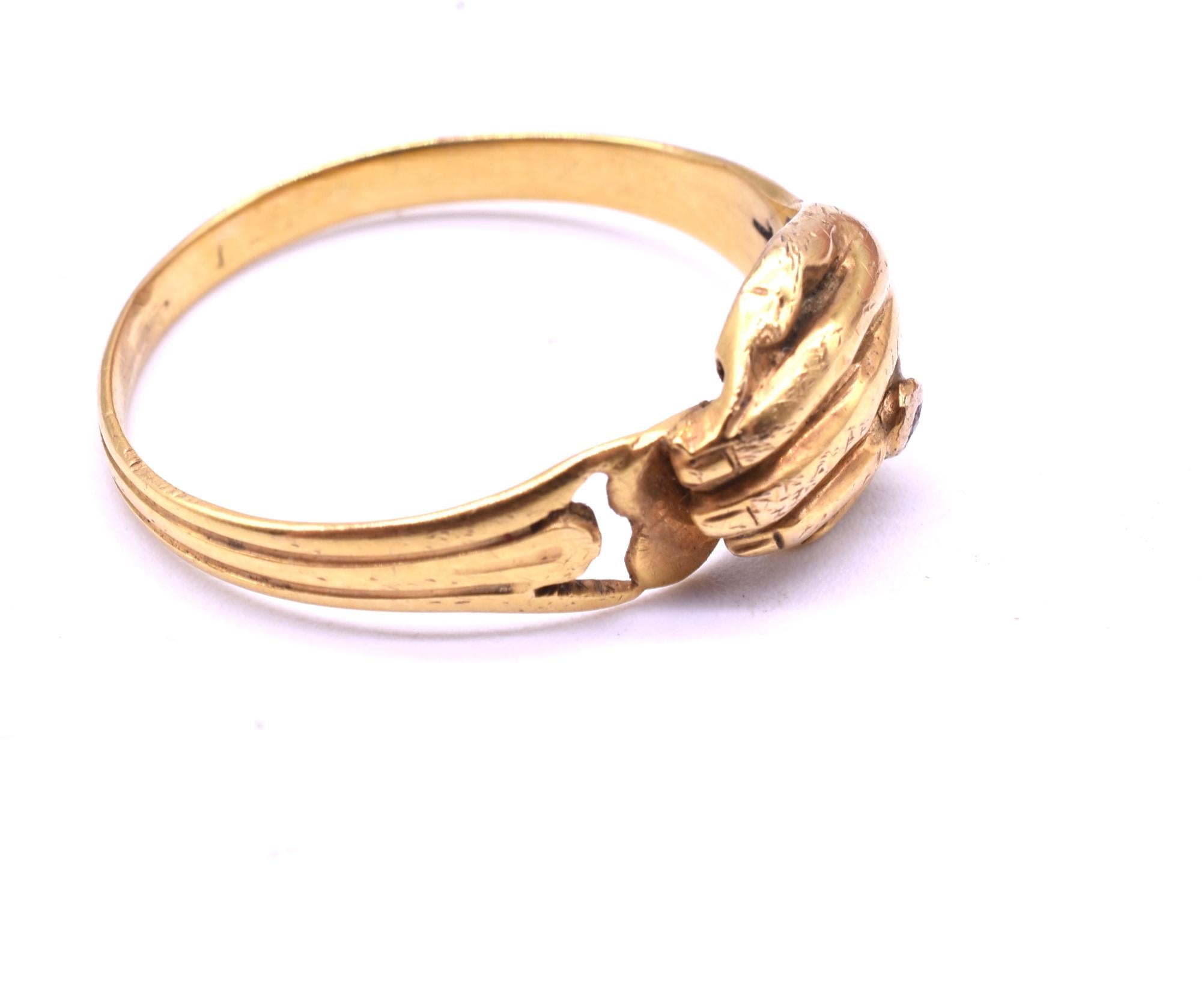 Delightful 18K hand over heart fede ring. - the word fede means faithful. The Victorians were fond of such romantic sentiments. The ring has a tiny diamond set on the ring finger of the gold hand, a lovely and surprising detail. The ring is a US