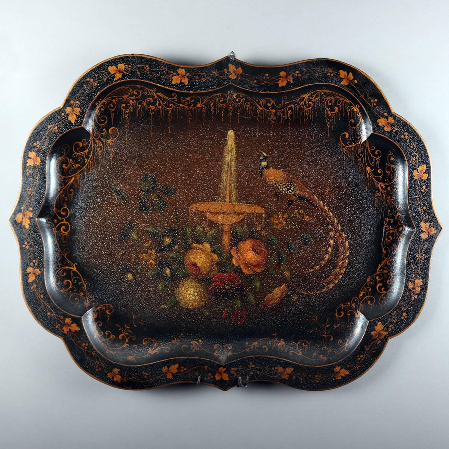 Antique Hand-Painted & Gilt Toleware Tray with Pheasant, Floral & Urn Decorated 3