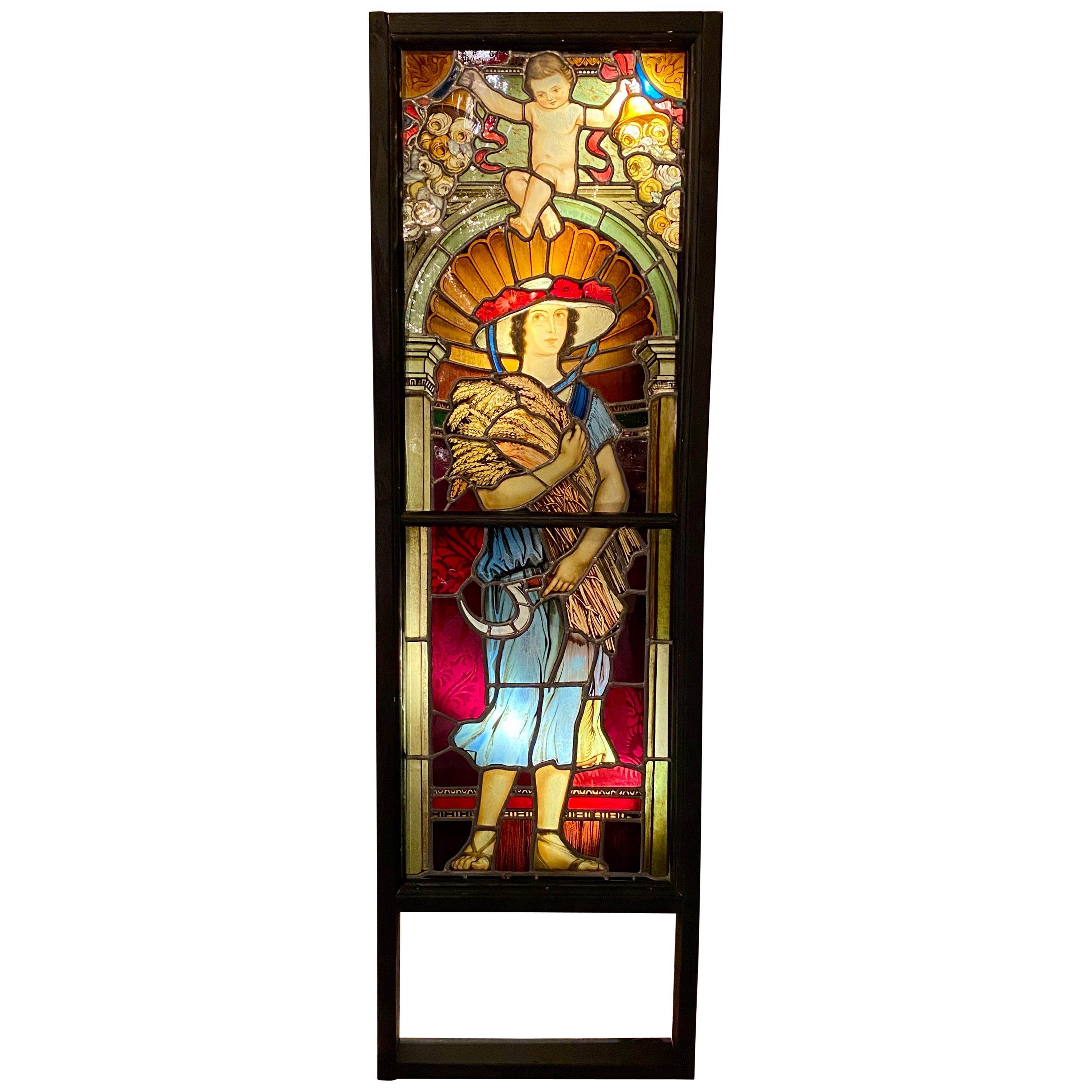 Antique Hand Painted 19th Century Stained Glass Panel Window, circa 1900 For Sale