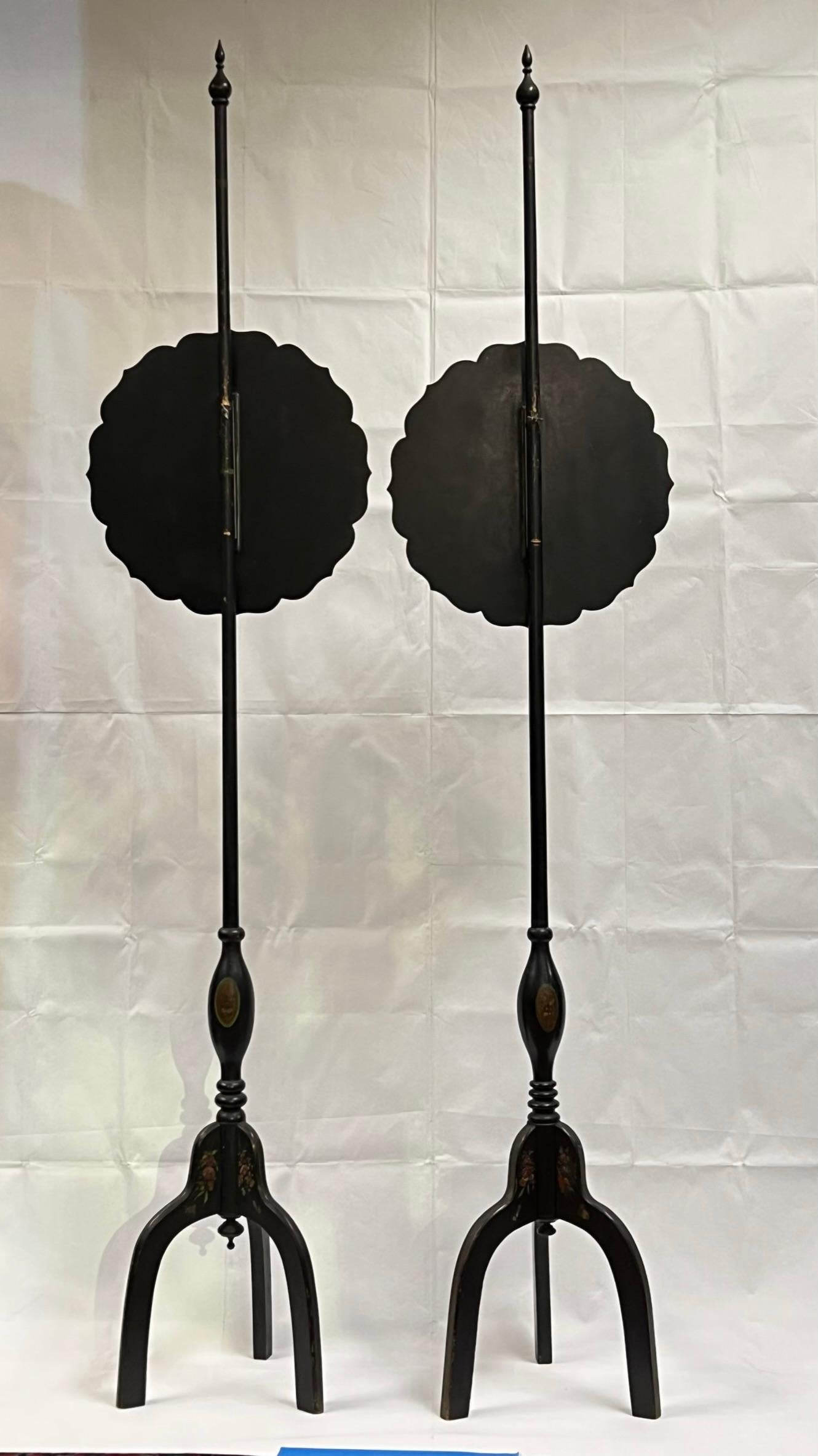 Victorian Antique Hand-Painted and Ebonized Pole Screens For Sale