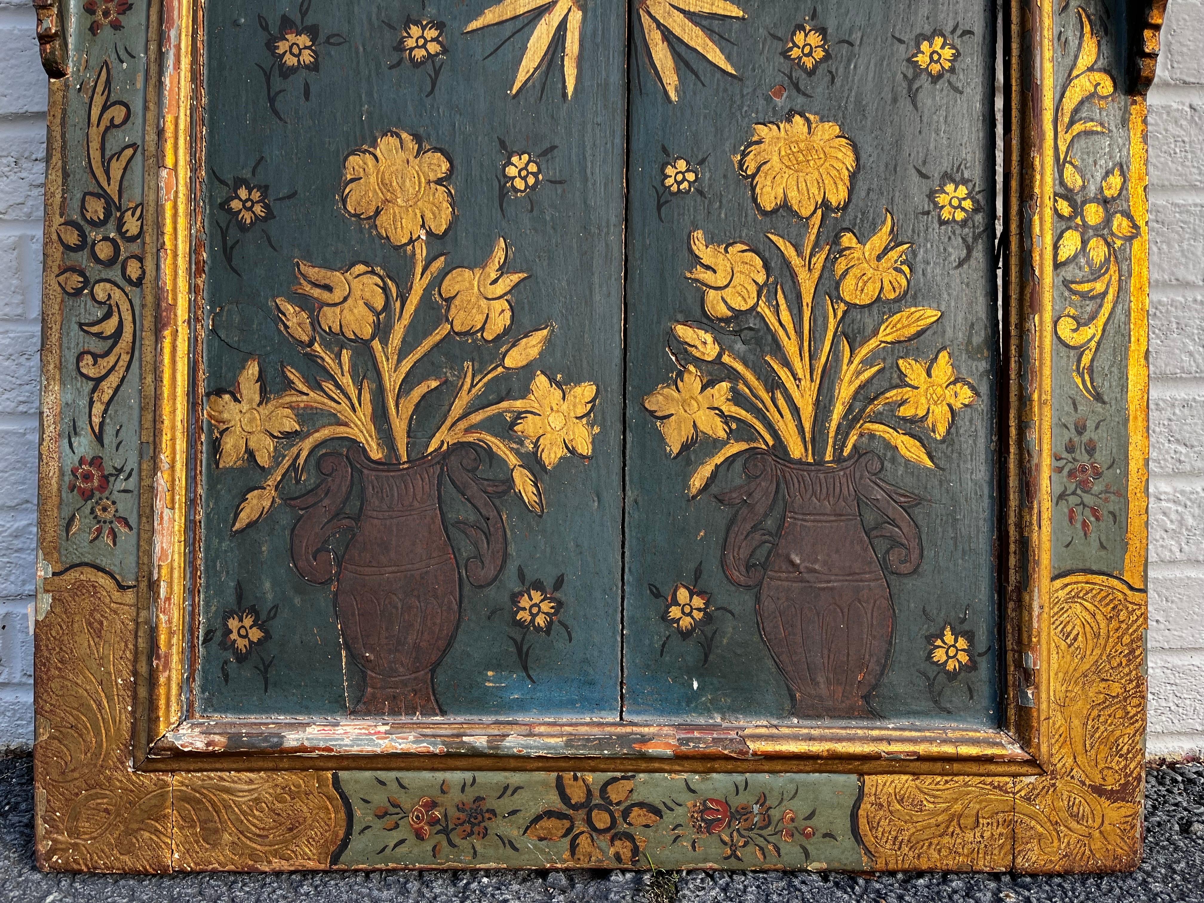 Antique Hand Painted and Gilt Wood Religious Creche Reliquary Wall Shelf JHS 5