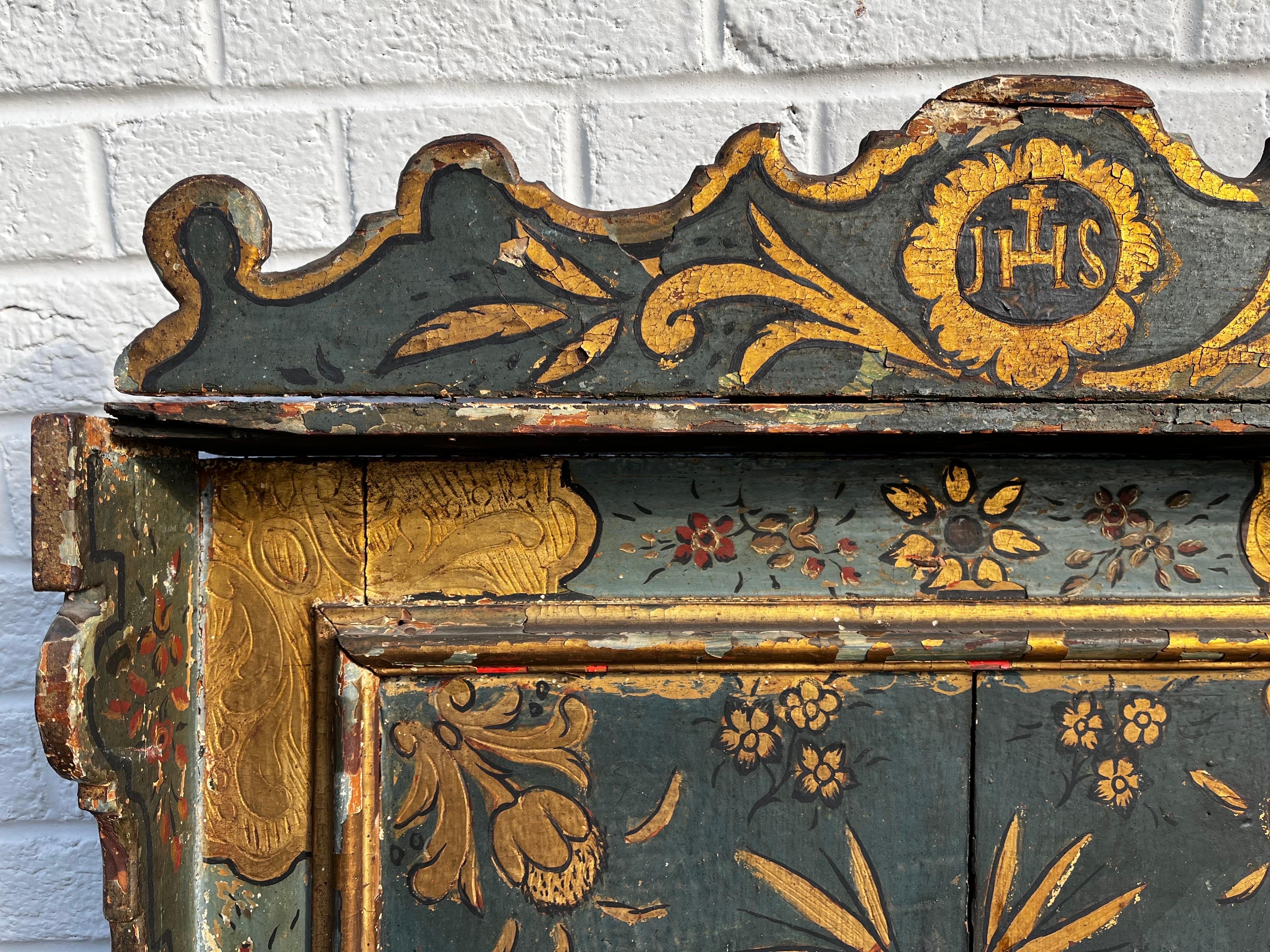 Antique Hand Painted and Gilt Wood Religious Creche Reliquary Wall Shelf JHS 6