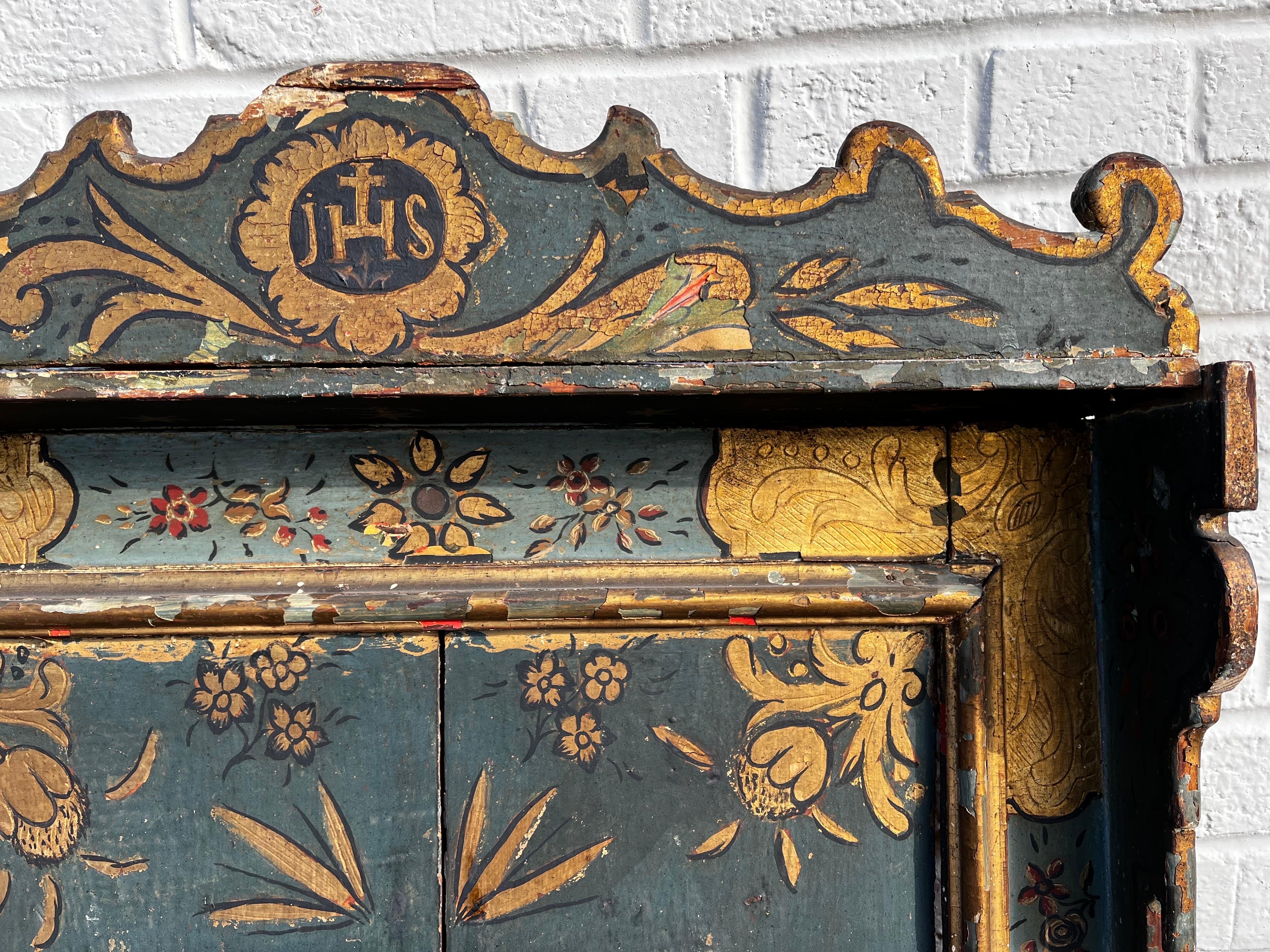 Antique Hand Painted and Gilt Wood Religious Creche Reliquary Wall Shelf JHS 7